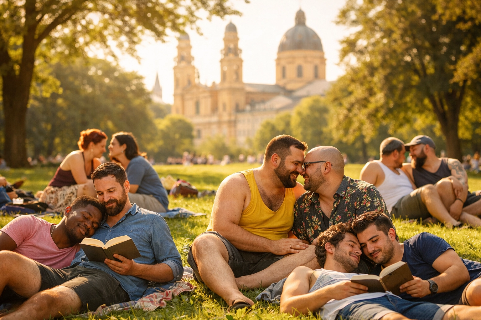Gay couples and friends enjoying sunny day at Munich's Englischer Garten park