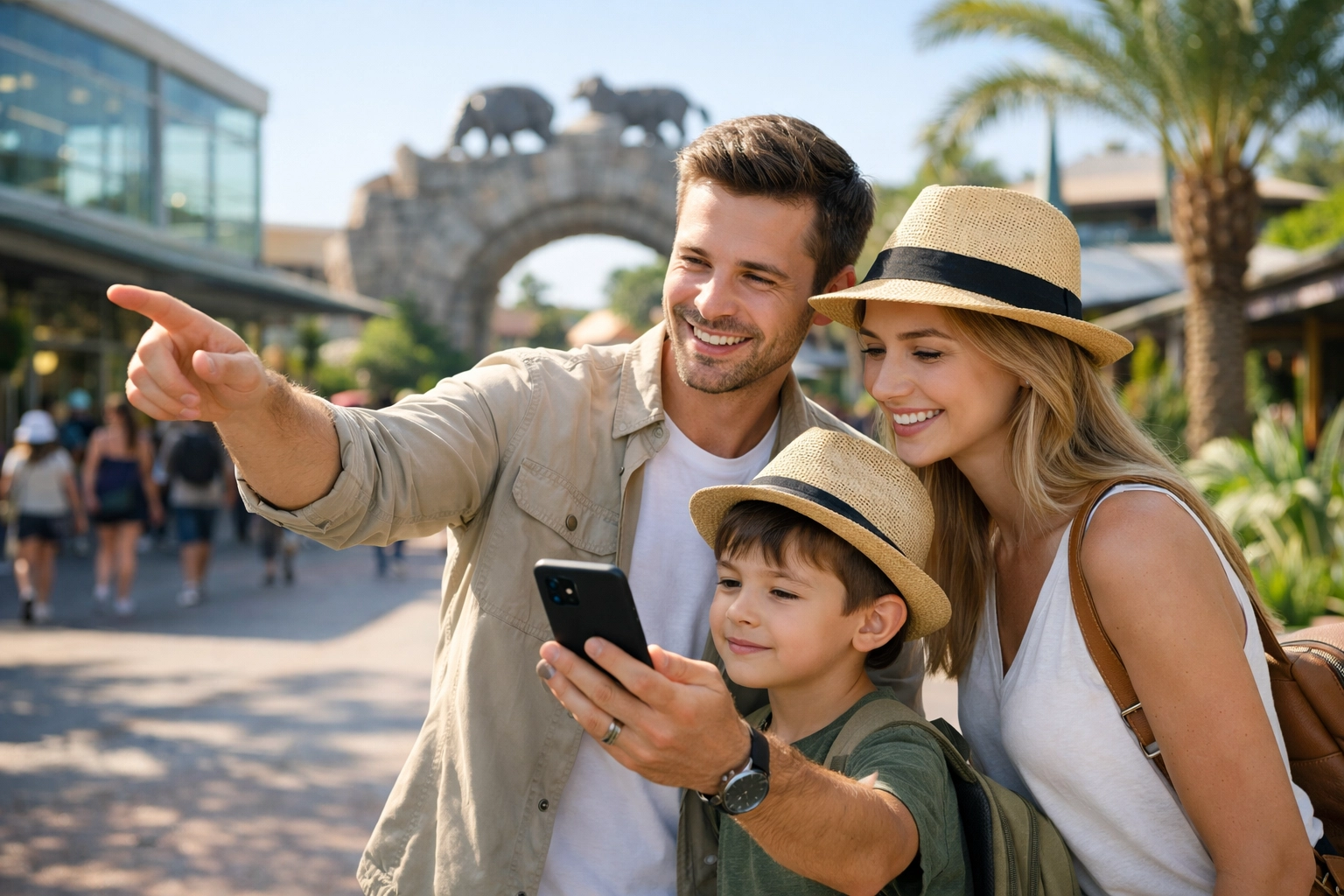 Family using a smartphone at a zoo plaza to access mobile-optimized digital marketing at a smart venue entrance.