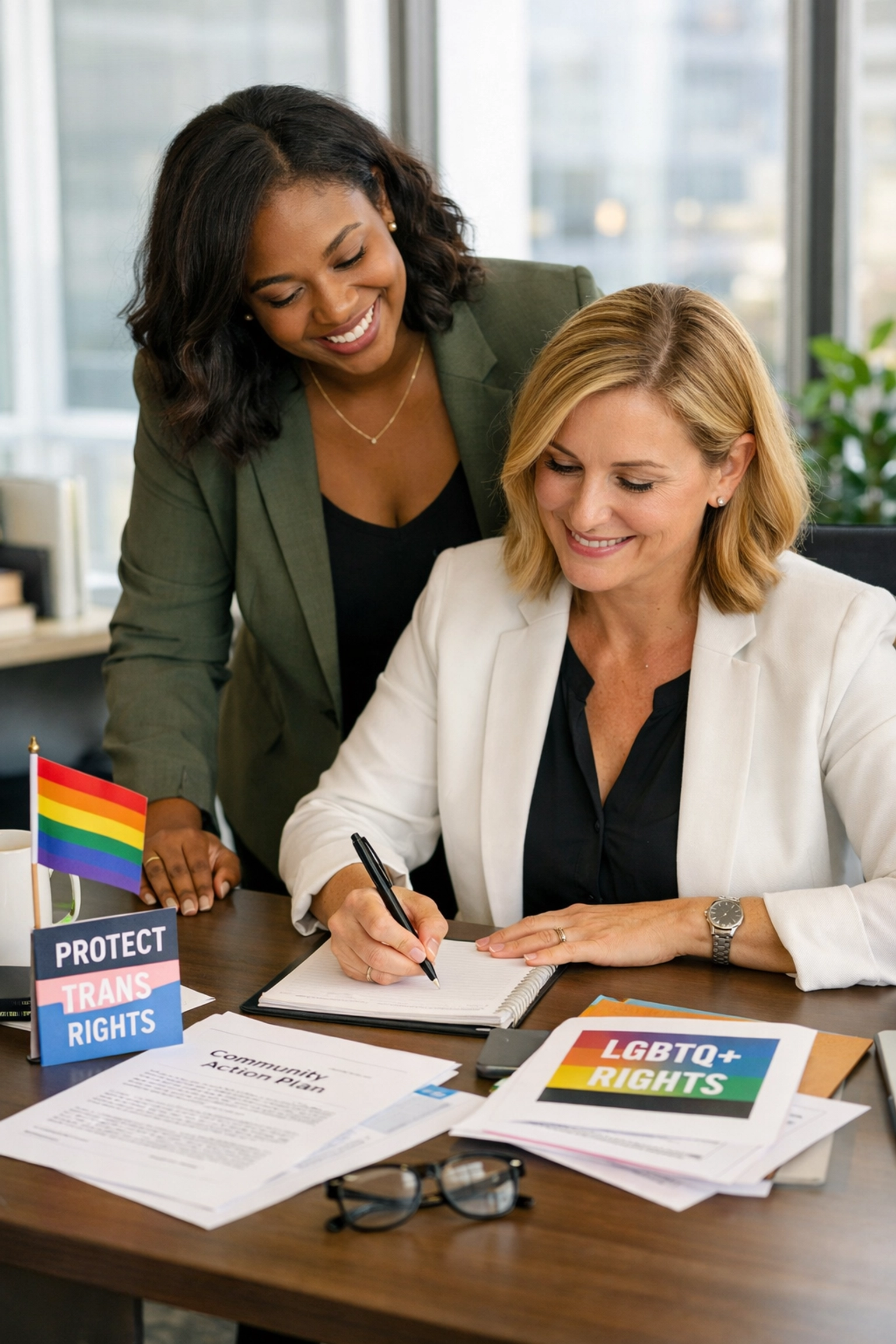 Women collaborating on LGBTQ+ advocacy work demonstrating dedicated allyship in action