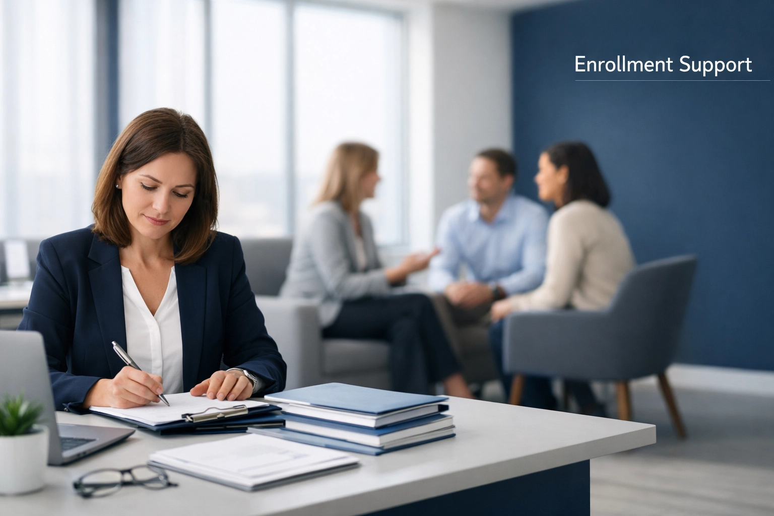 Relaxed HR professional while benefits counselor handles employee enrollment questions in background