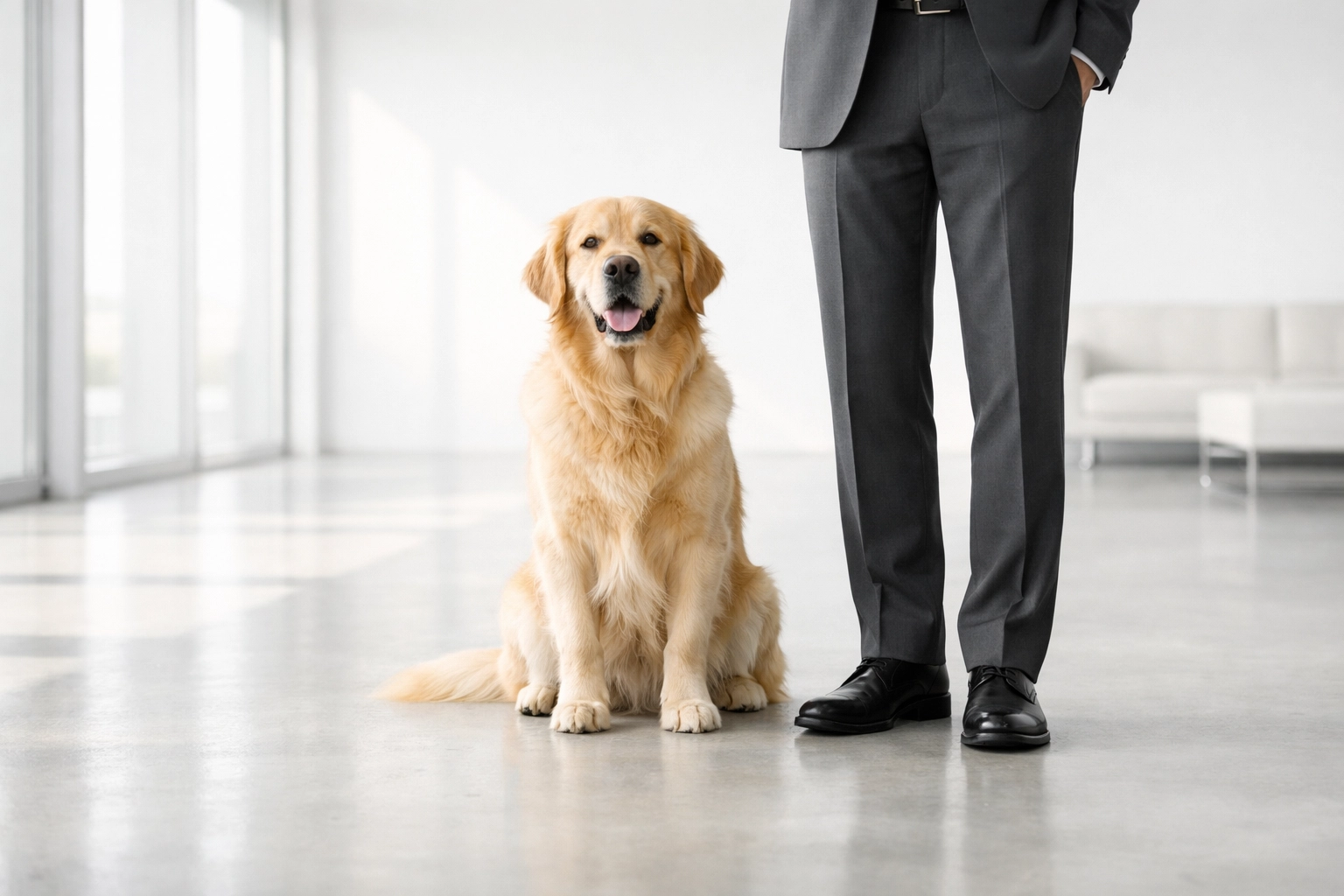 Golden Retriever in a modern office lobby representing corporate pet care benefit partnerships.