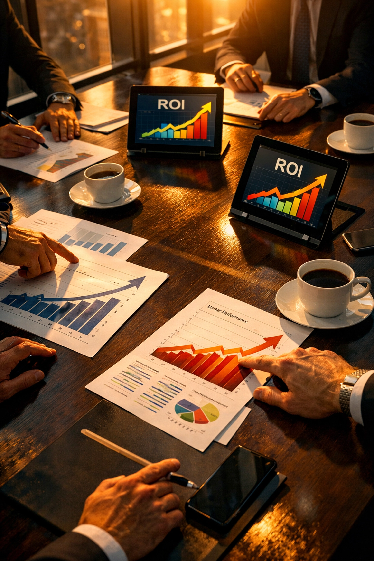 Fortune 1000 executives analyzing Super Bowl ROI reports showing 5.20x return data