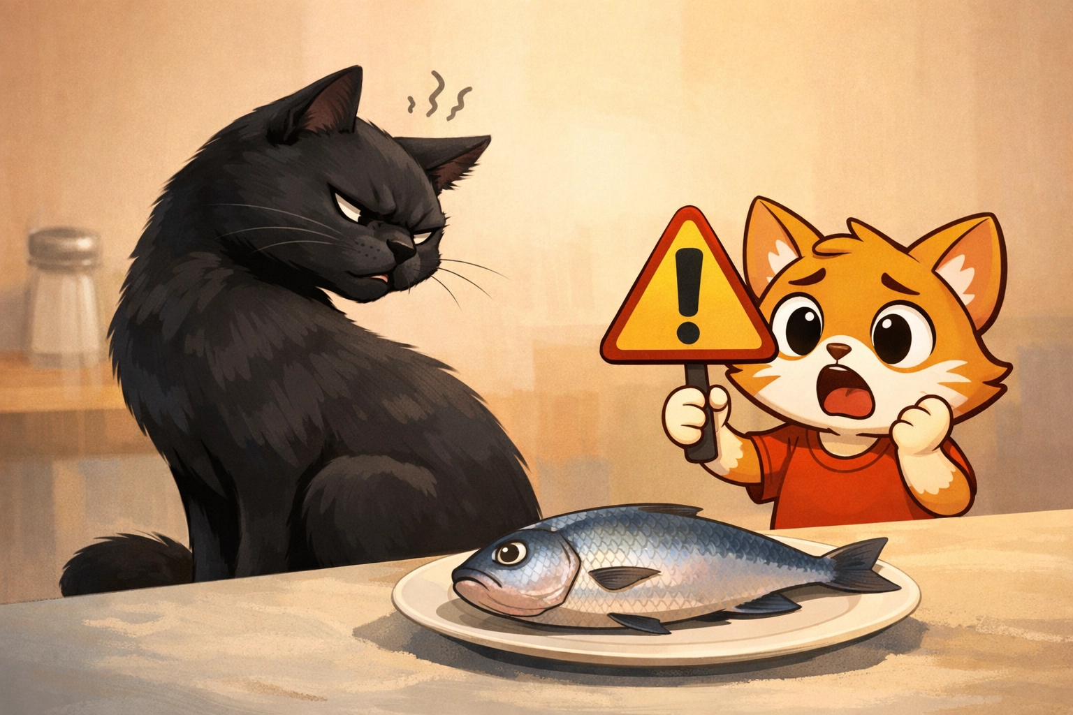 Black cat rejecting raw fish - dangers of raw seafood for cats