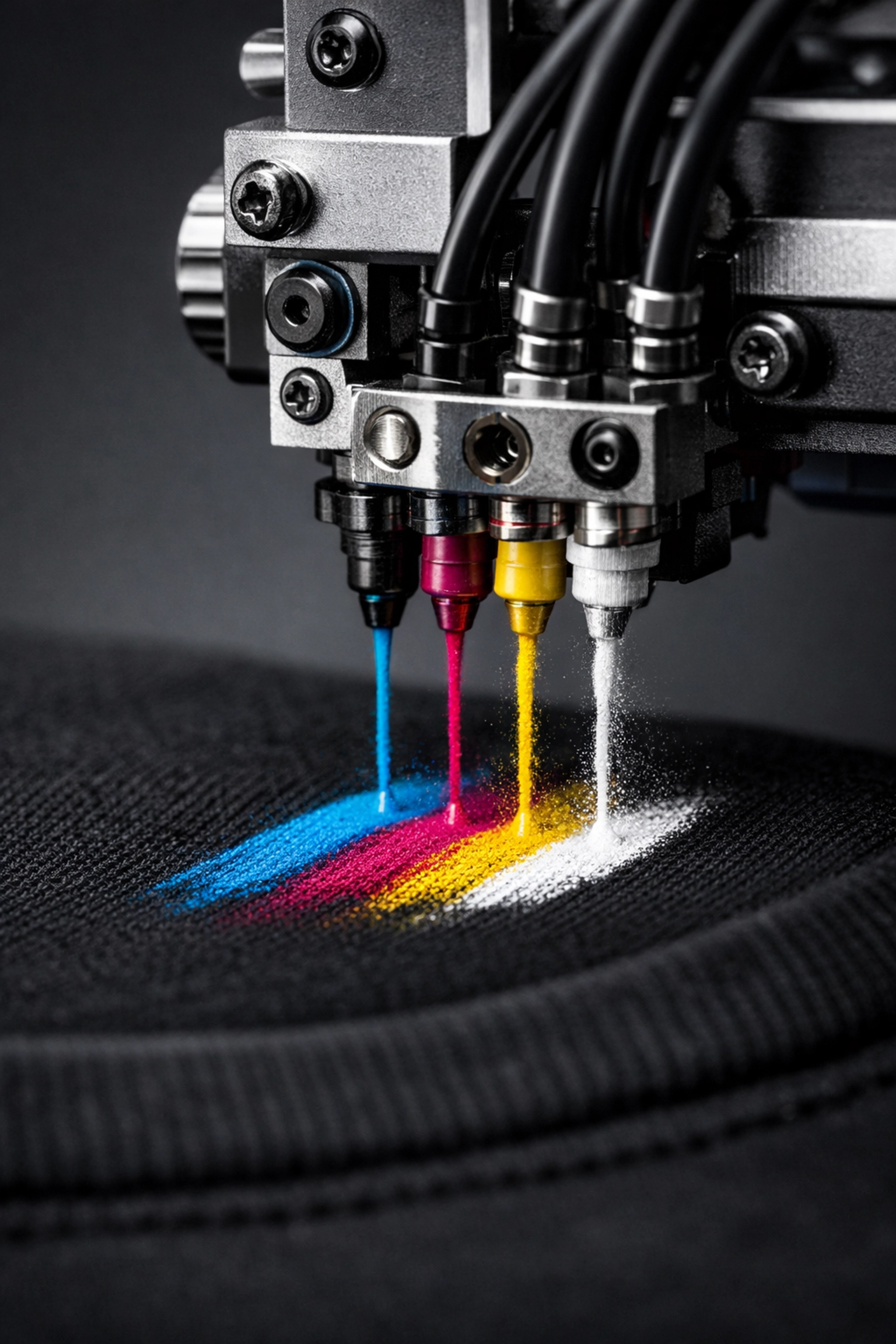 Close-up of a professional DTG printer head applying vibrant ink to a custom t-shirt for small batch apparel.