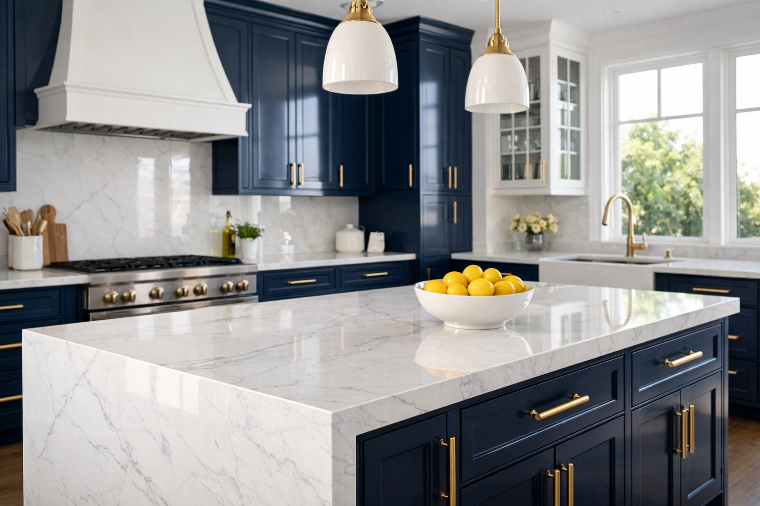 Professionally cleaned luxury kitchen in Dover featuring spotless marble and residential cleaning Massachusetts.