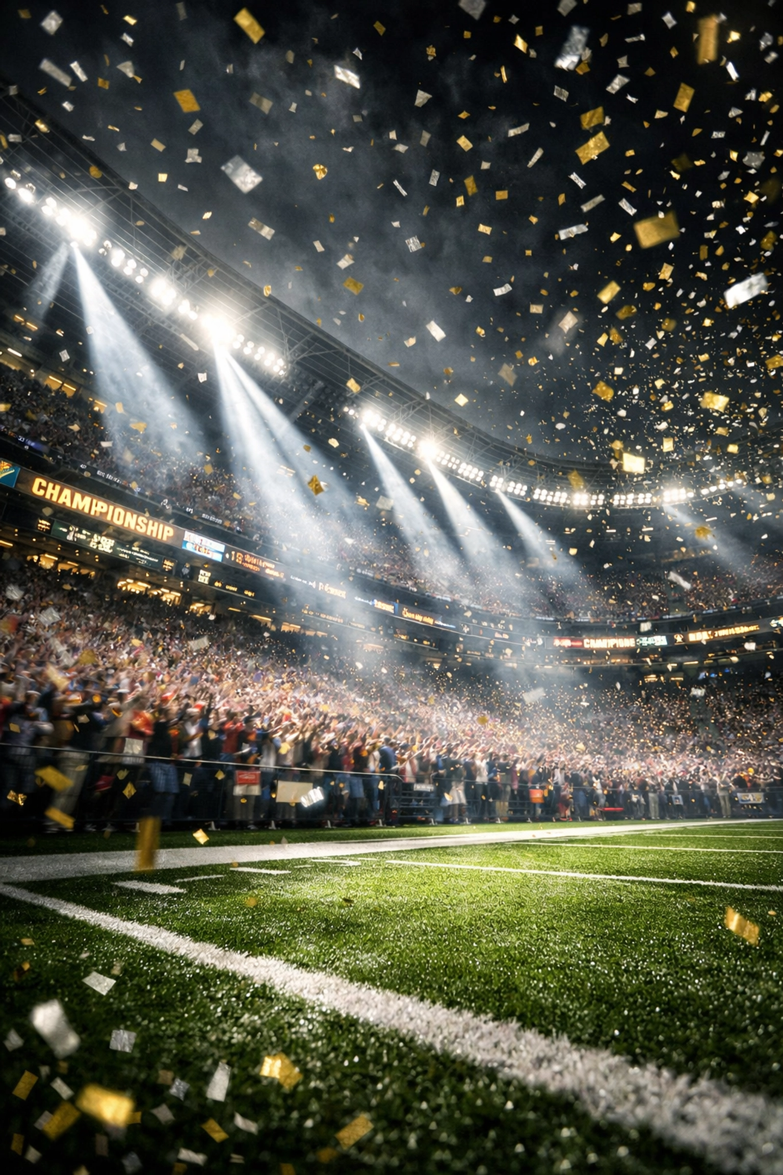 A packed championship football stadium at night filled with energetic fans experiencing game day storytelling.