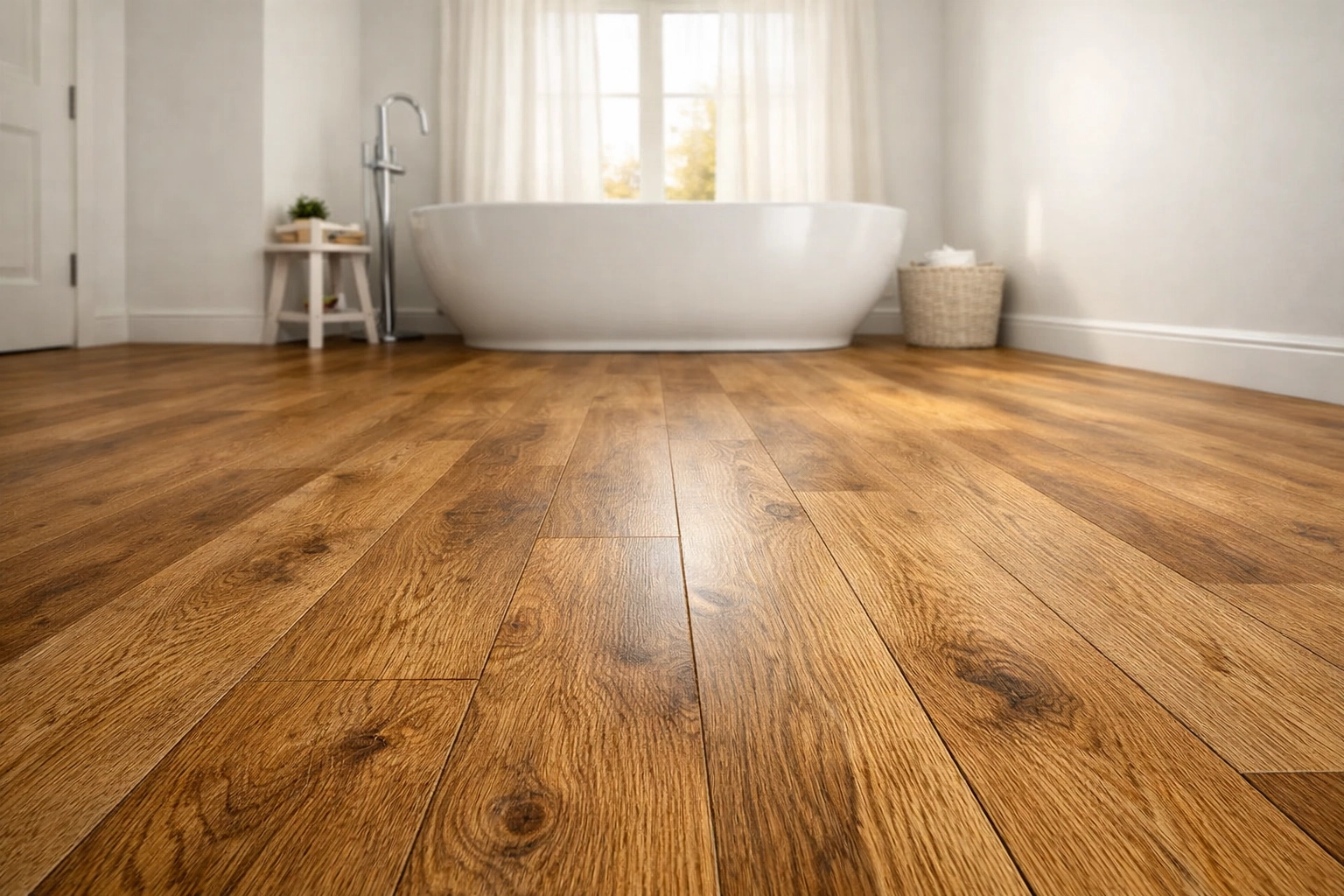 Luxury vinyl plank flooring and freestanding tub in Orlando bathroom renovation