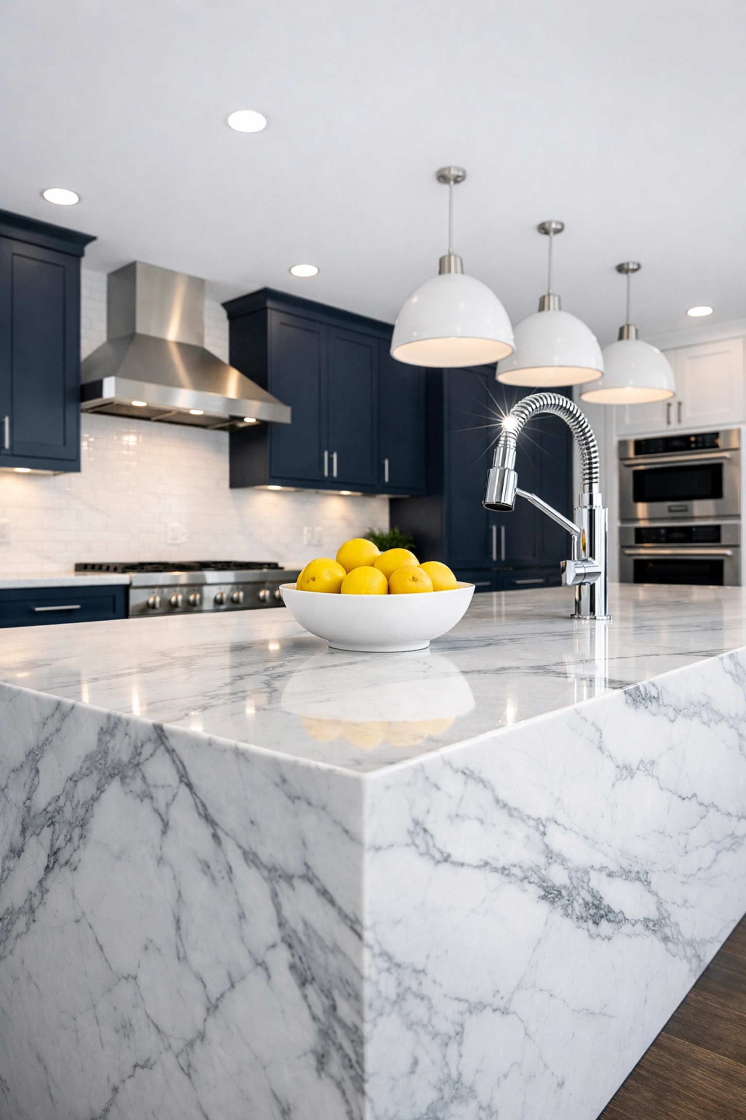 Spotless luxury Foxborough kitchen with marble island cleaned by professional house cleaning service.