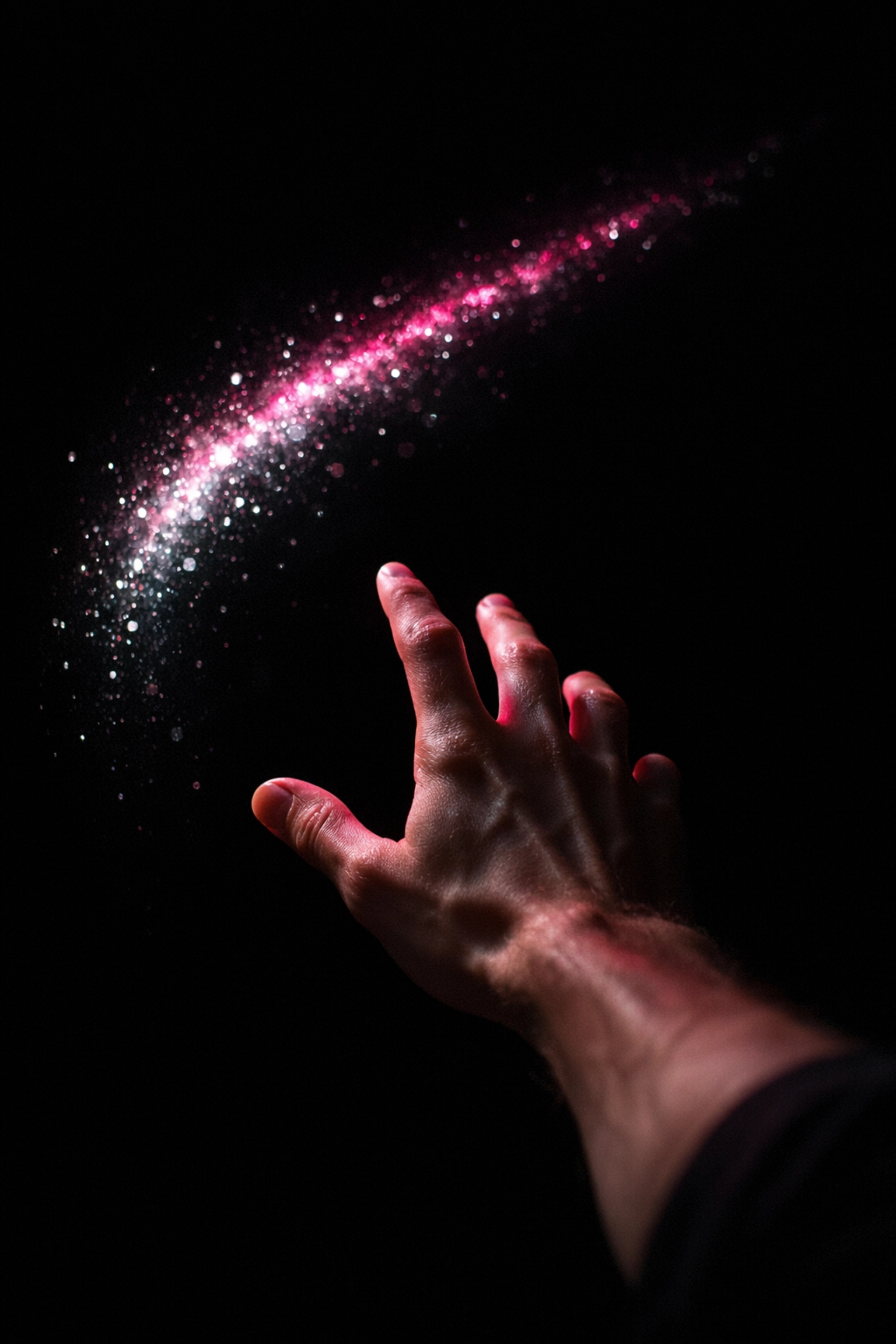 A man's hand reaching toward fading neon light, symbolizing the struggle and hope in realistic gay literature.