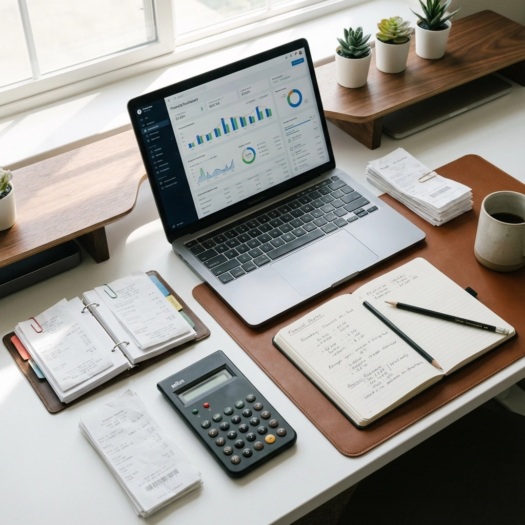 Laptop displaying graphs, notebook, and calculator on a desk with papers, plants, and coffee. Bright, organized workspace. Calm mood.