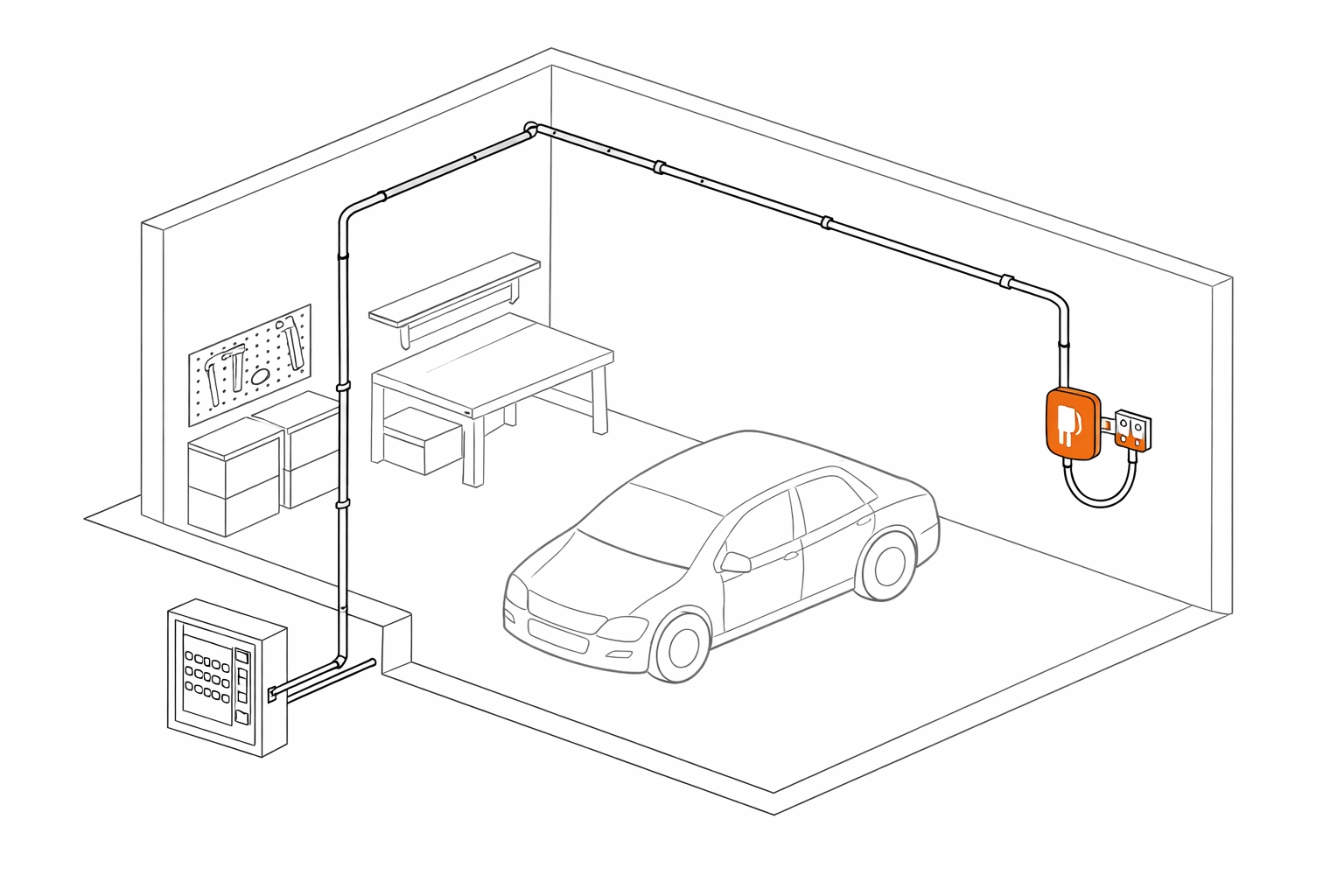 Technische Planung einer Wallbox-Installation in einer Wiener Garage mit Leitungsverlauf.