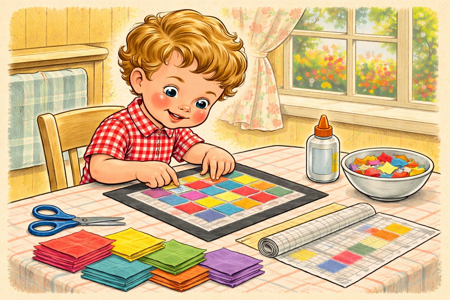 Child making tissue paper stained glass at a sunny kitchen table with art supplies, creating a colorful window craft