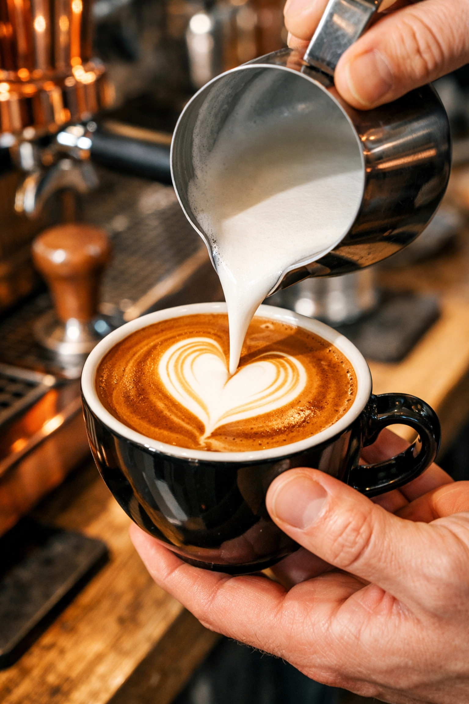 Skilled barista pouring heart-shaped latte art, demonstrating the quality and theatre of specialty coffee.