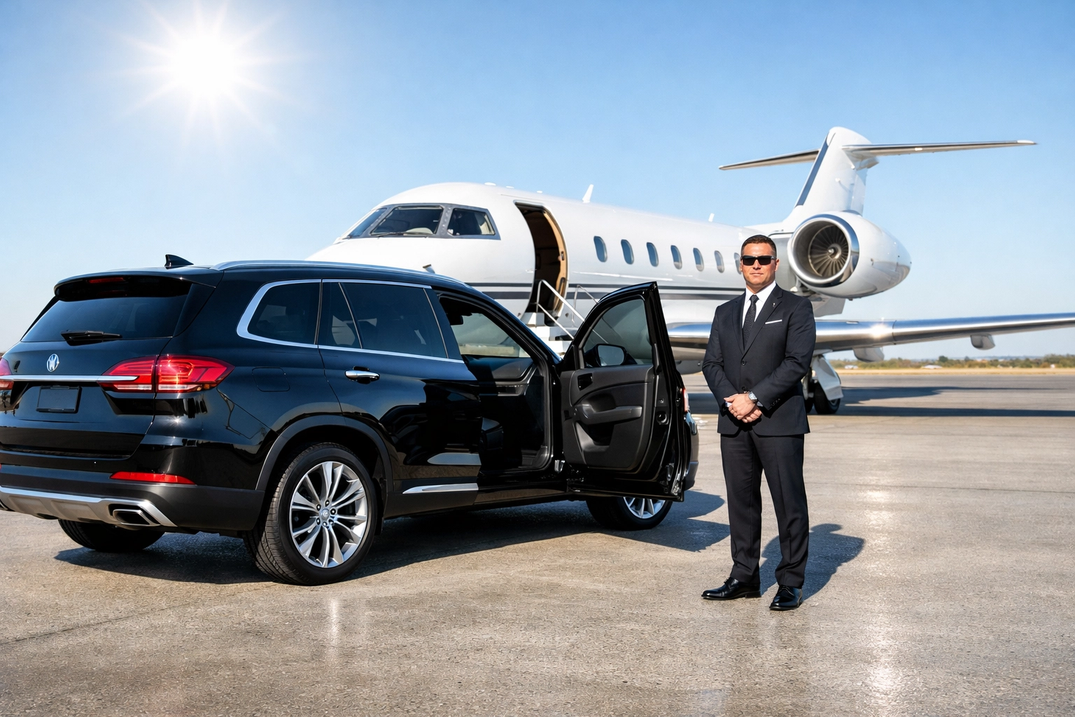 Luxury executive SUV and private jet at airport for Super Bowl VIP arrivals and logistics.