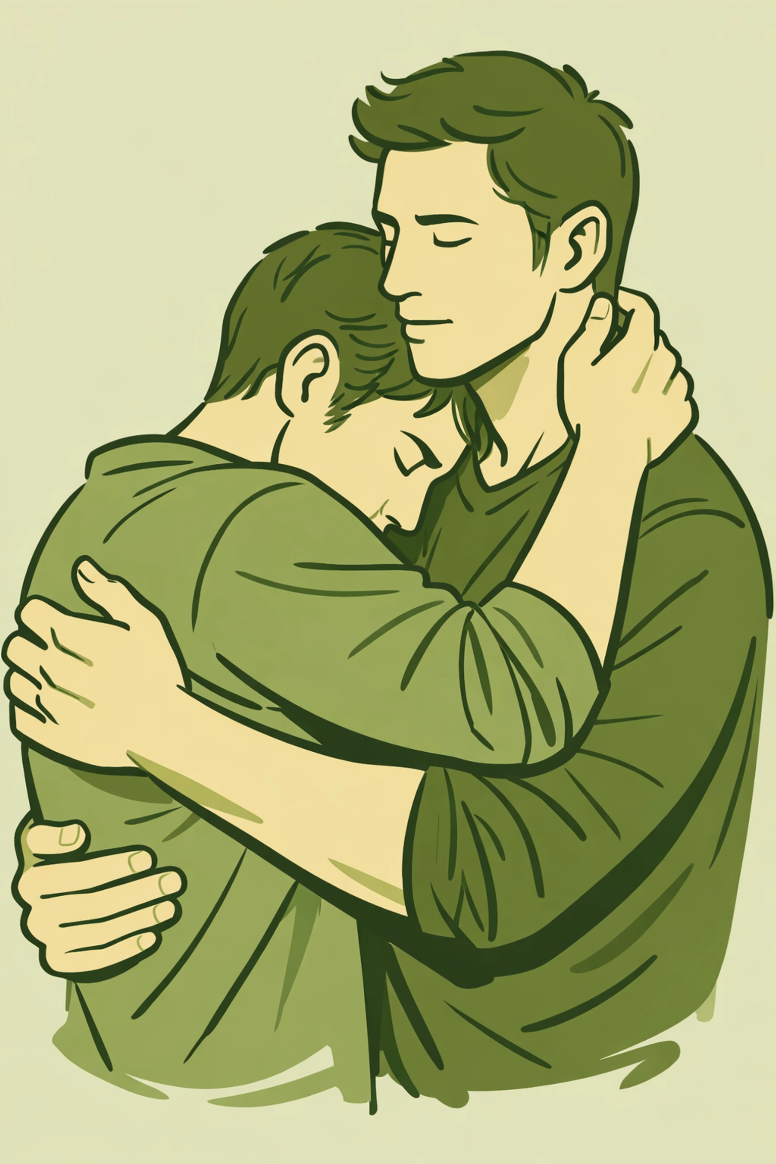 Protective embrace between two men, illustrating trust and emotional healing in MM romance fiction.