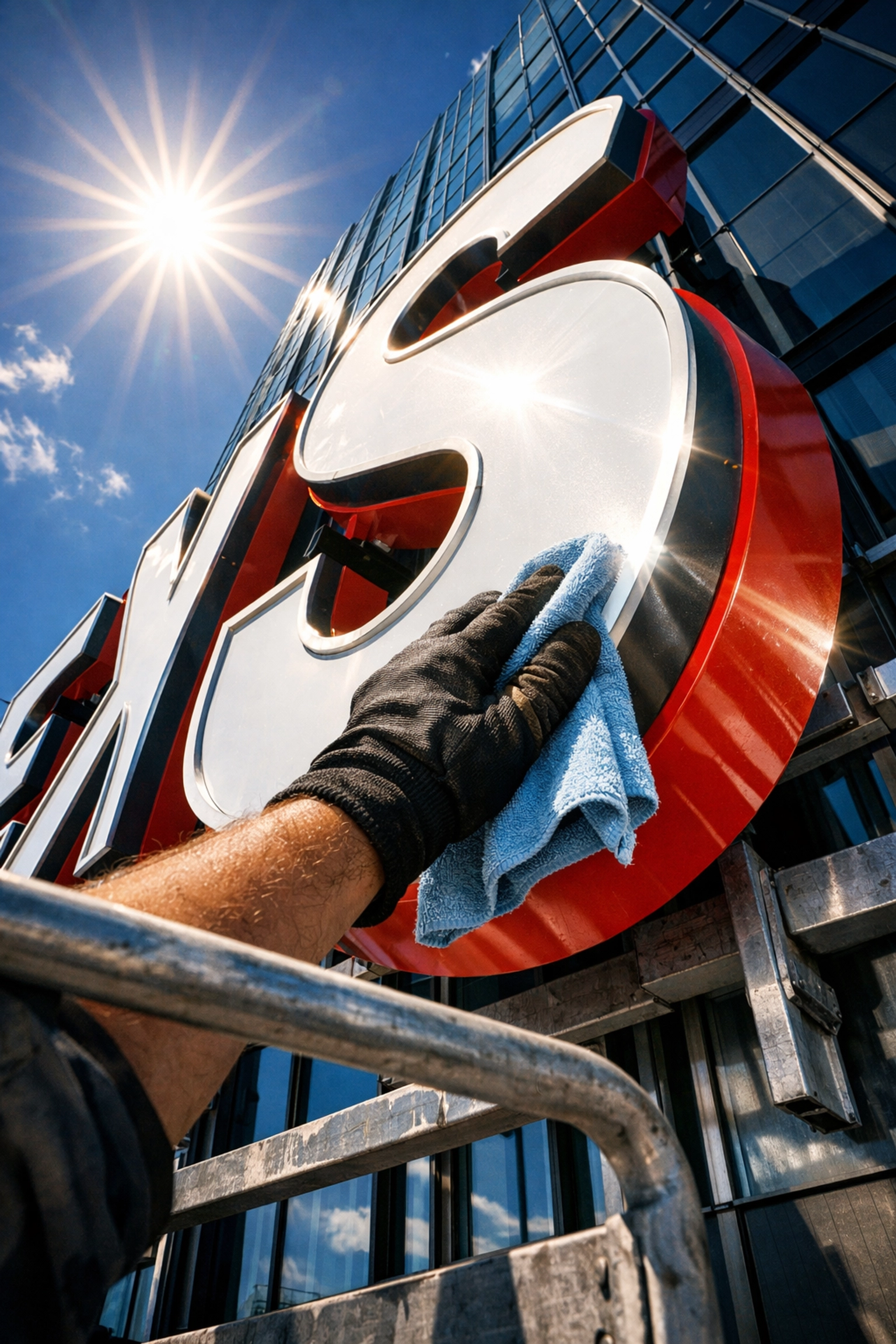Professional sign maintenance and cleaning of a large-scale illuminated channel letter sign in Dallas.