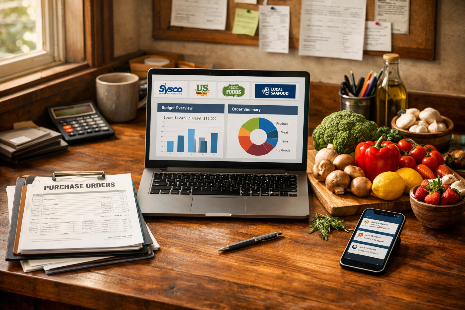 Restaurant office with digital ordering system displaying vendor management and budget tracking on laptop