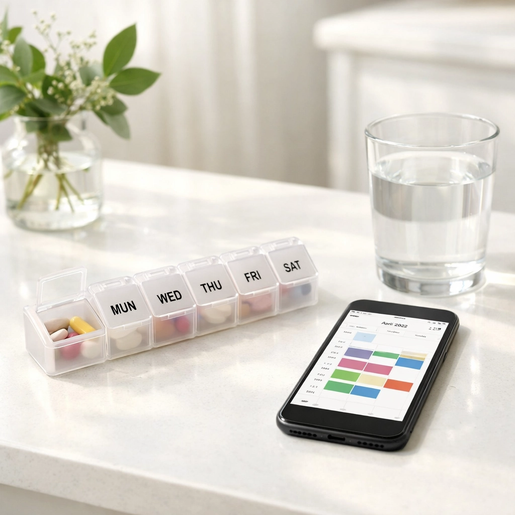 Weekly medication organizer showing GLP-1 injection schedule and routine