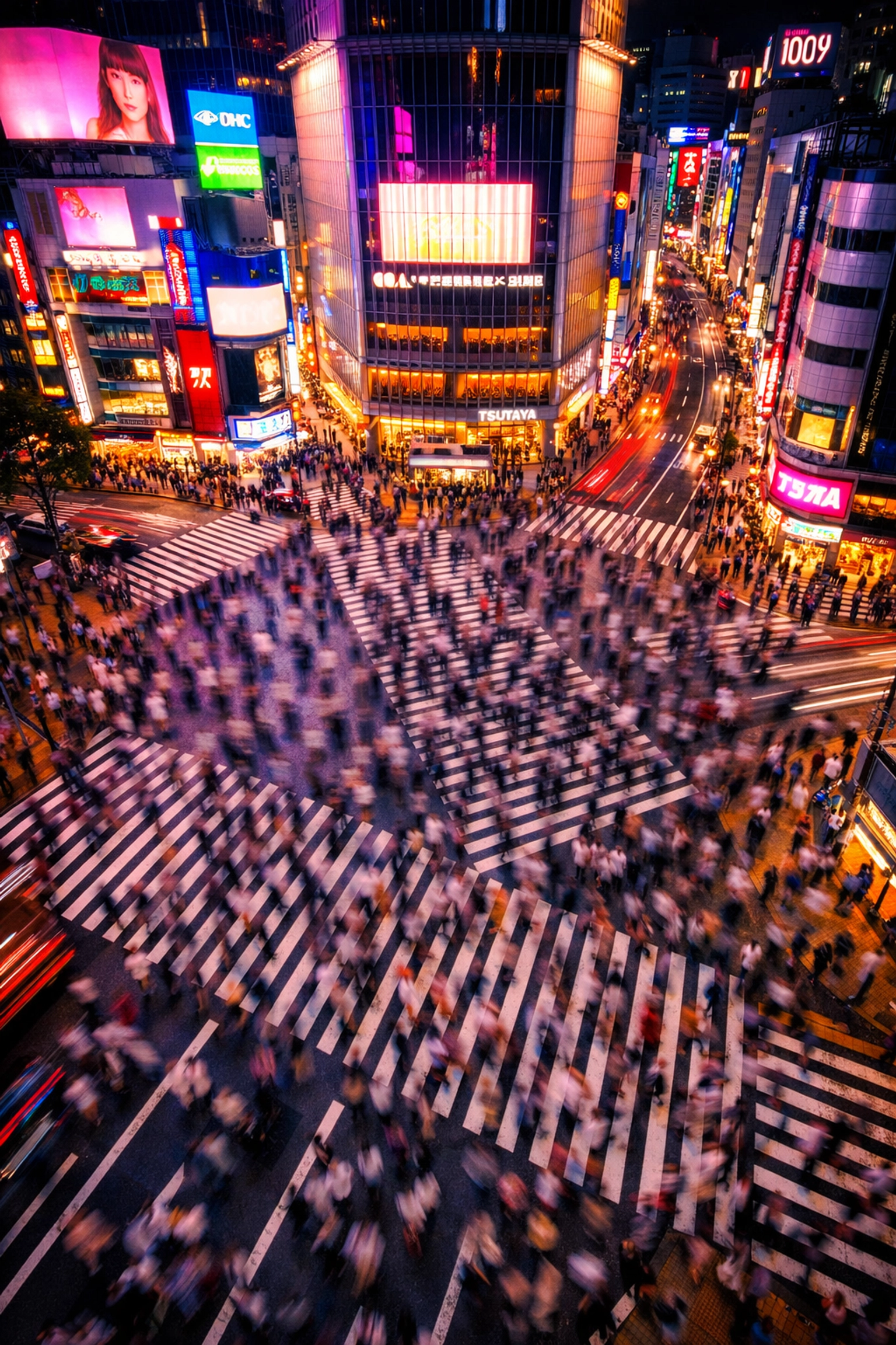 Night view of Shibuya Crossing in Tokyo, a top photo spot for capturing urban light and motion.