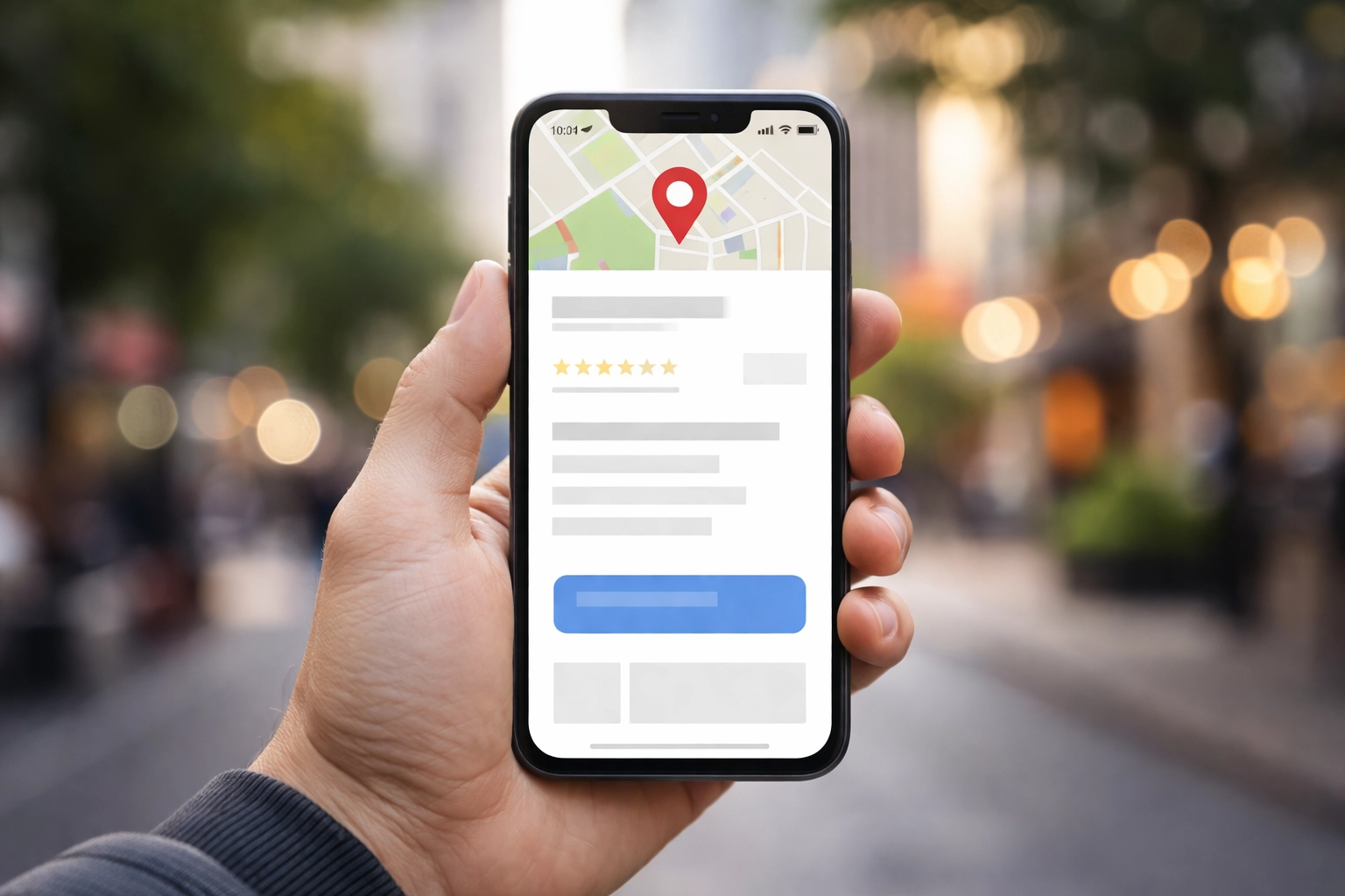 Realistic photo of a smartphone showing a generic business listing interface (no readable text), with a city street background.