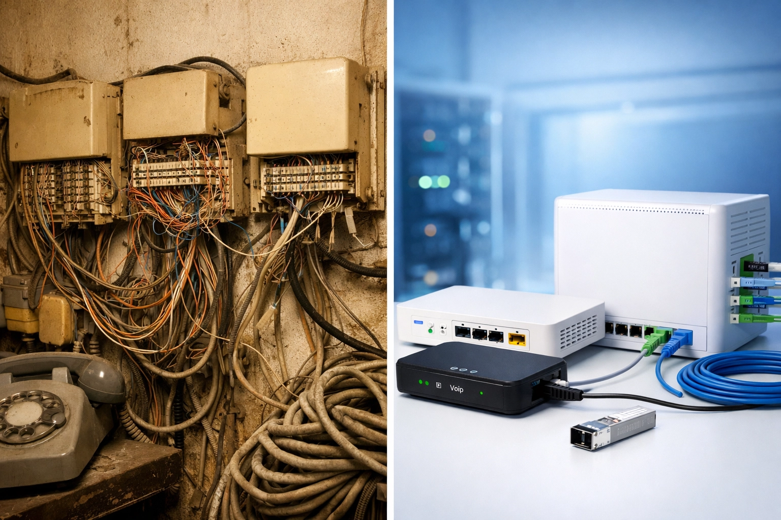 Old copper POTS equipment compared to modern VoIP adapters for elevator phone line replacement