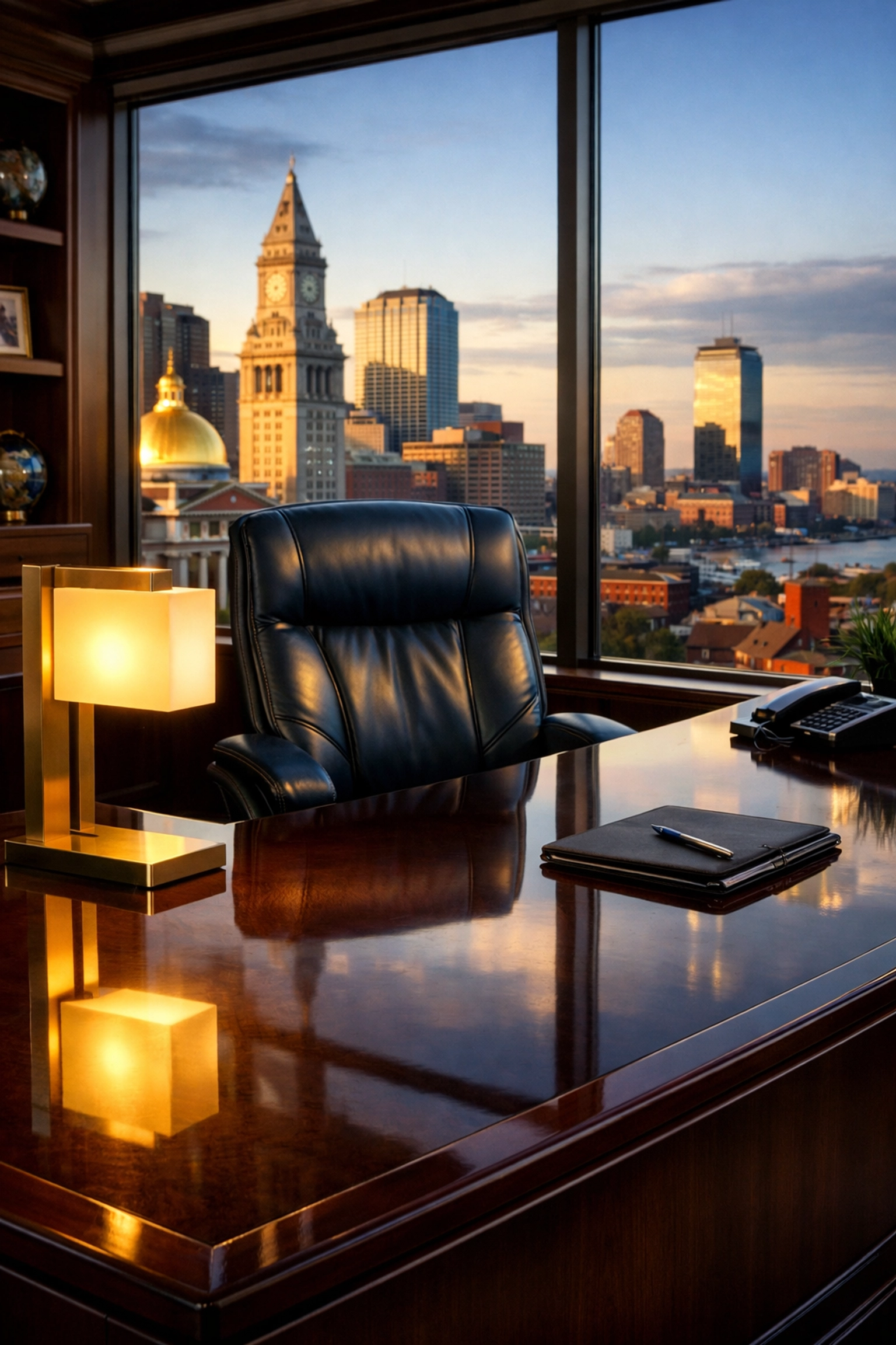 Polished mahogany desk in a Boston corner office by janitorial services Massachusetts.