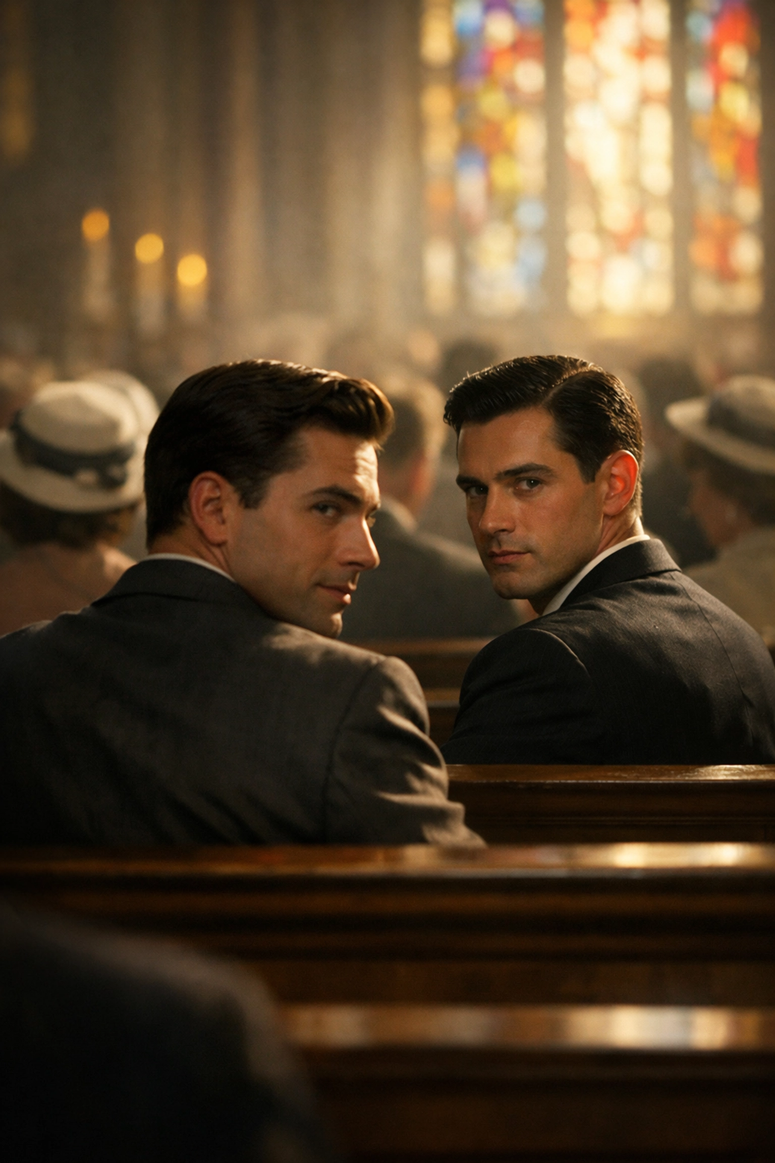Two gay men share a quiet, coded look of recognition in the pews of a crowded 1950s Easter church service.