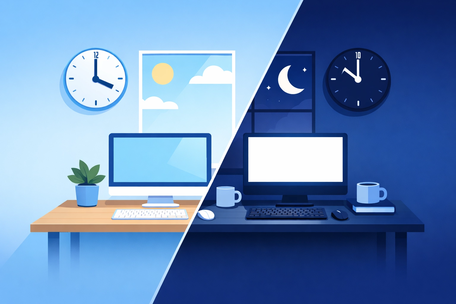 Modern office workspace showing day-to-night transition illustrating extended IT helpdesk business hours