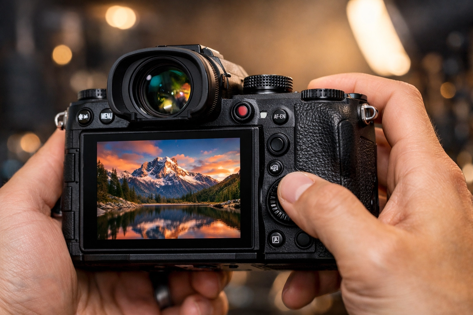 A professional photographer holding the best mirrorless camera showing a crisp mountain landscape on the rear screen.