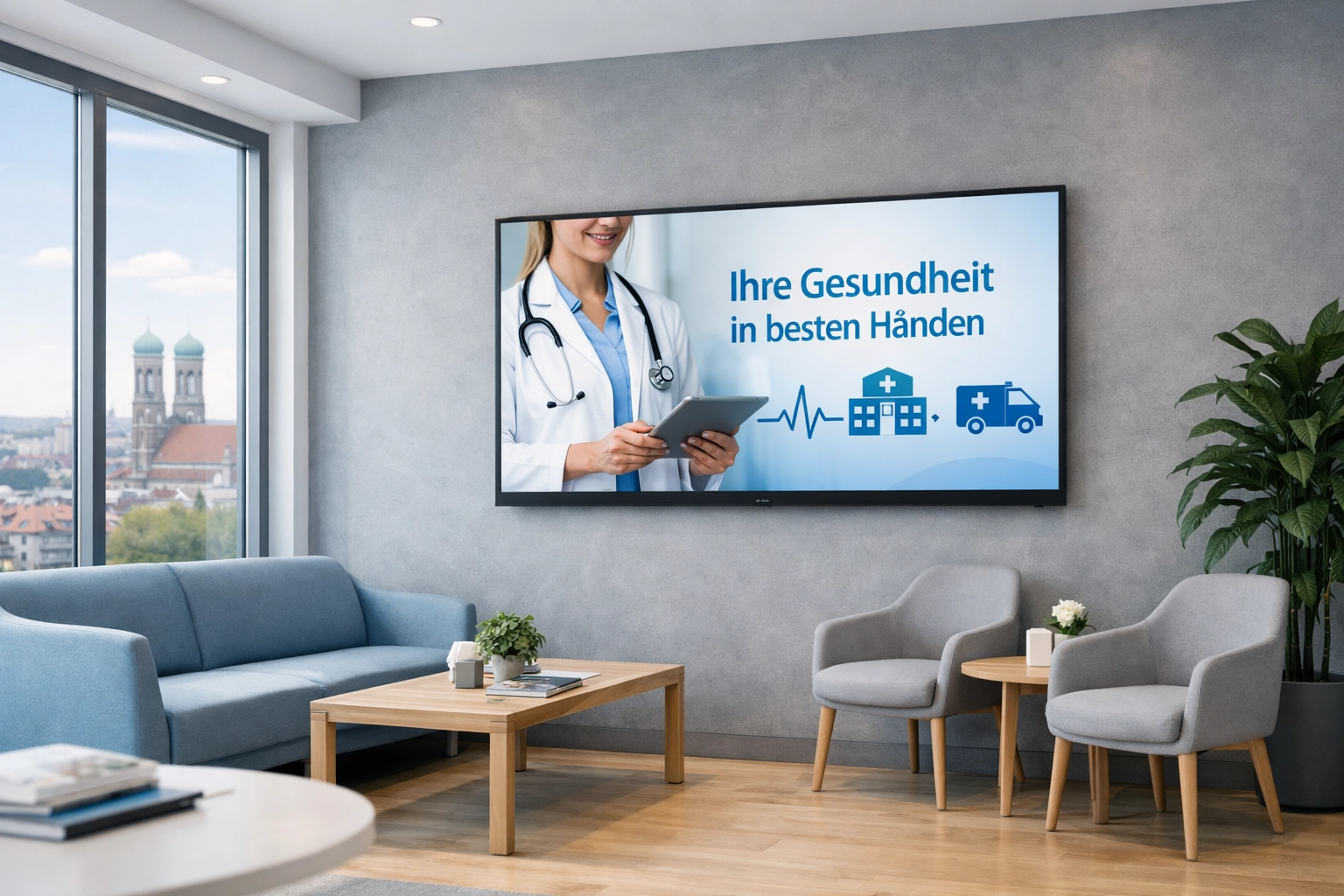 Digital DOOH screen displaying a healthcare advertisement in a modern medical clinic waiting room.