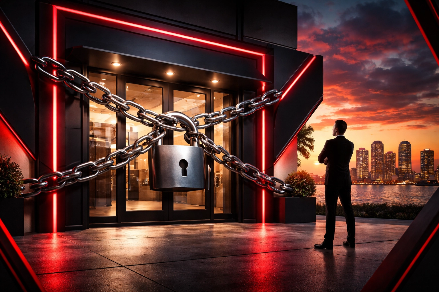 Florida business storefront with padlock and chain at sunset, symbolizing confidential business sale and protection