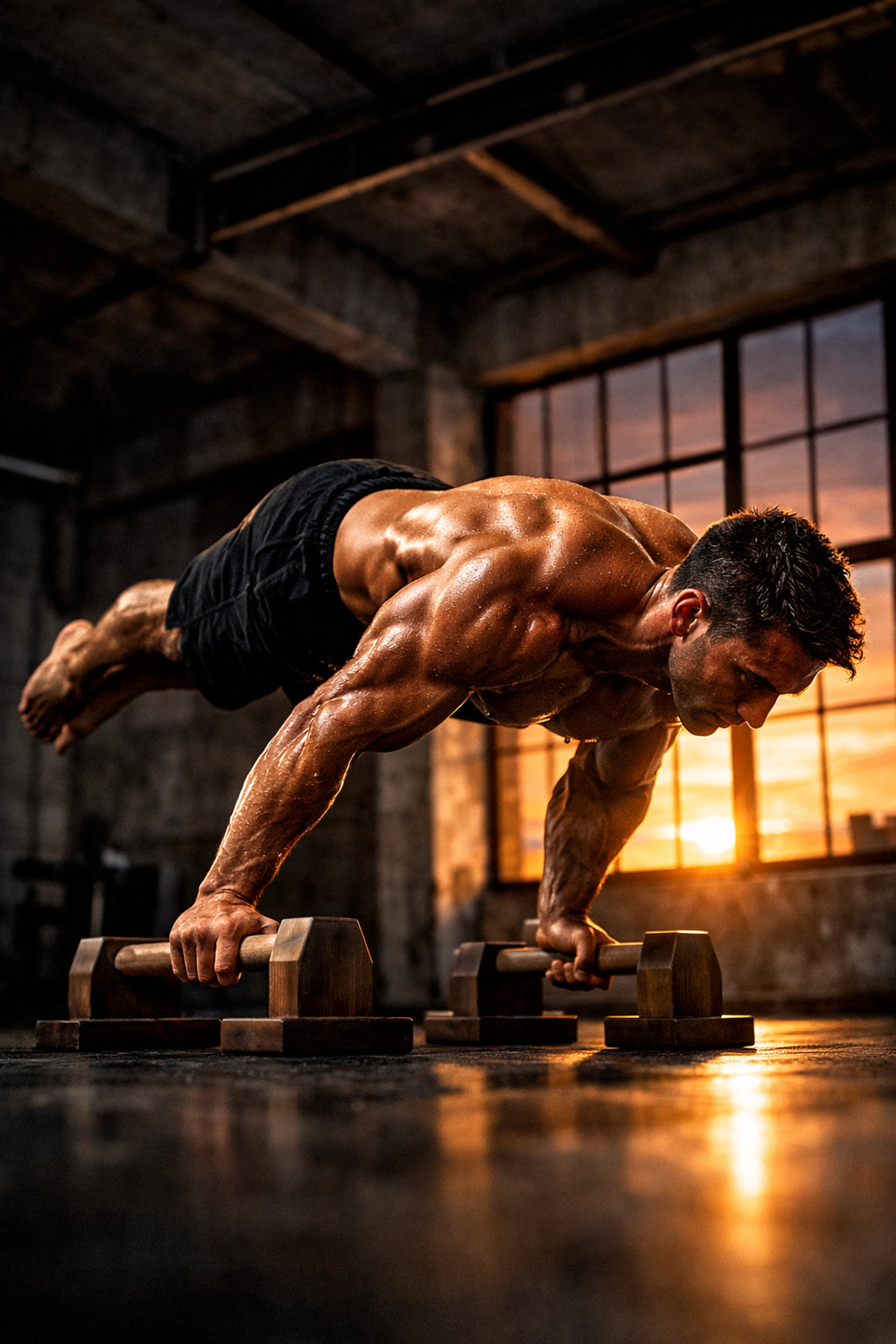 Athlete performing a planche on wooden parallettes for advanced bodyweight training at home.