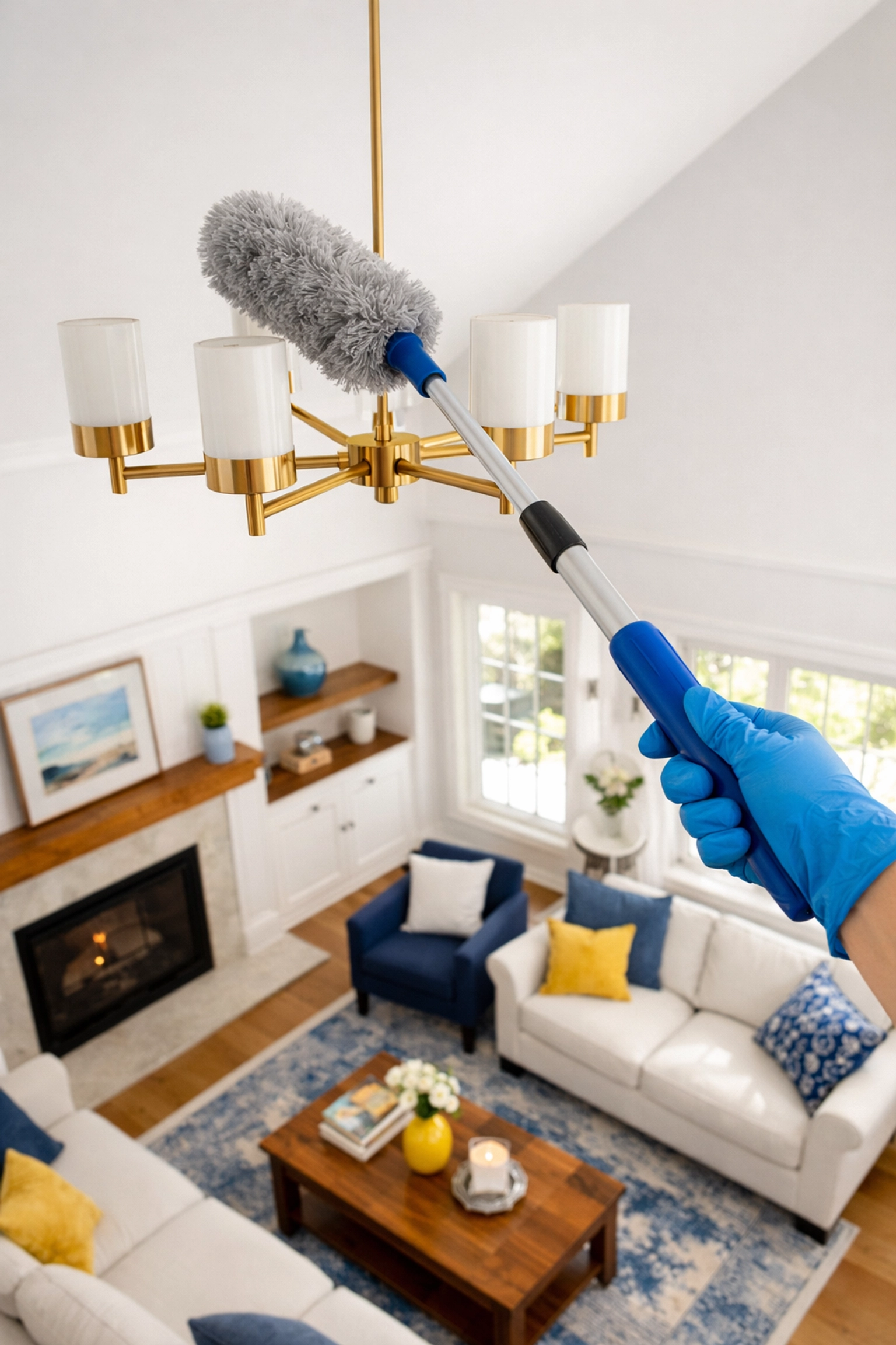 Professional house cleaning Ashby MA featuring high-reach dusting of a ceiling light in a luxury home.