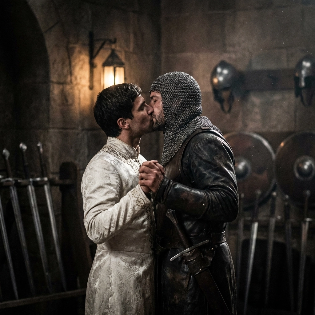 A prince and his knight sharing a secret, forbidden kiss inside a moonlit medieval armory.