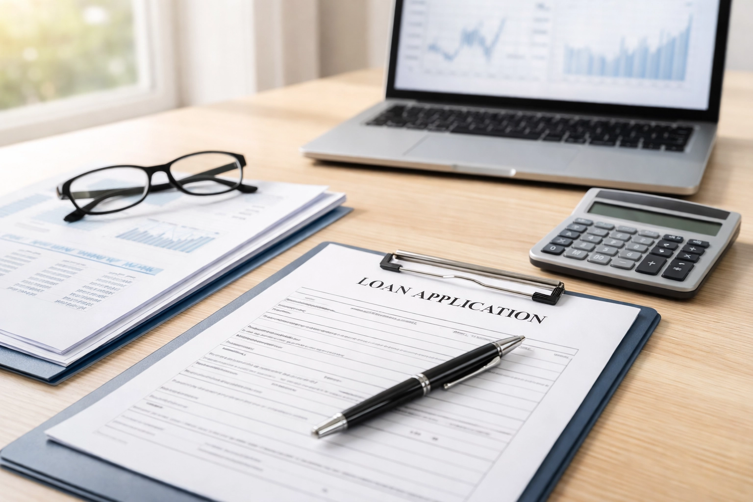 Organized business loan application documents and financial statements on a desk