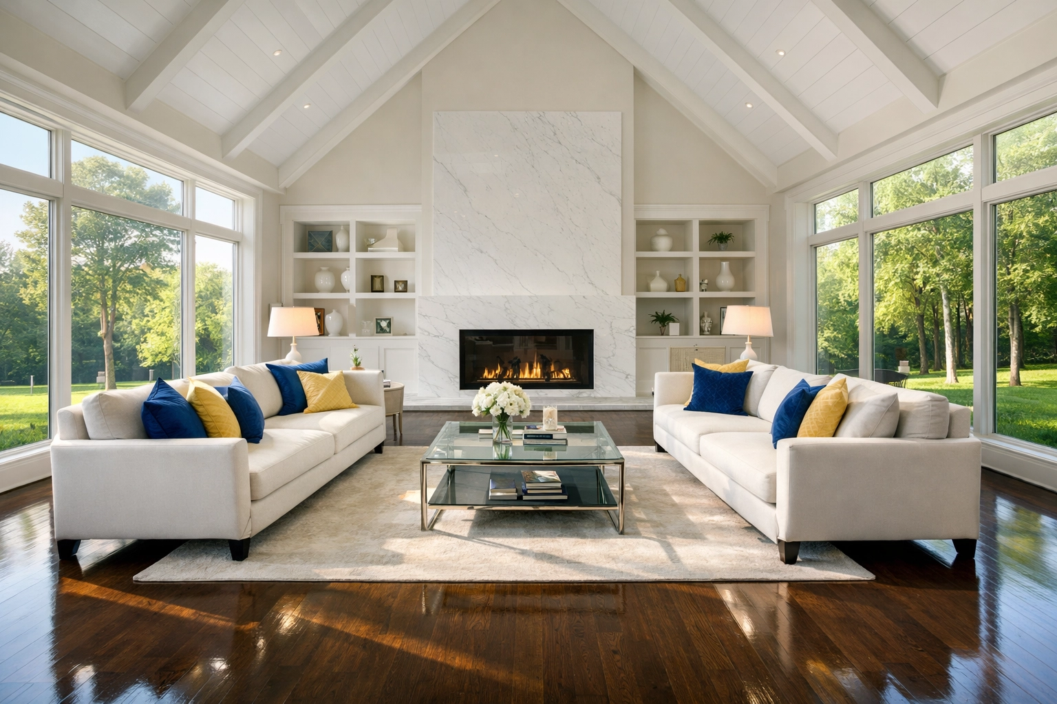 Pristine Dover luxury living room with white marble fireplace after residential cleaning Massachusetts.