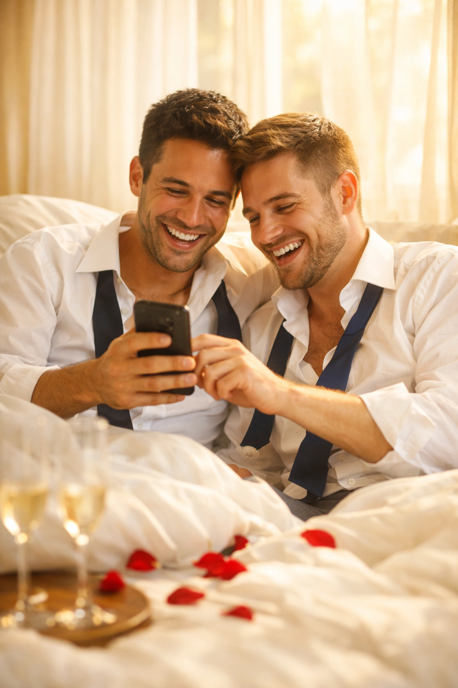 Two gay newlyweds relaxing in bed the morning after their wedding sharing photos
