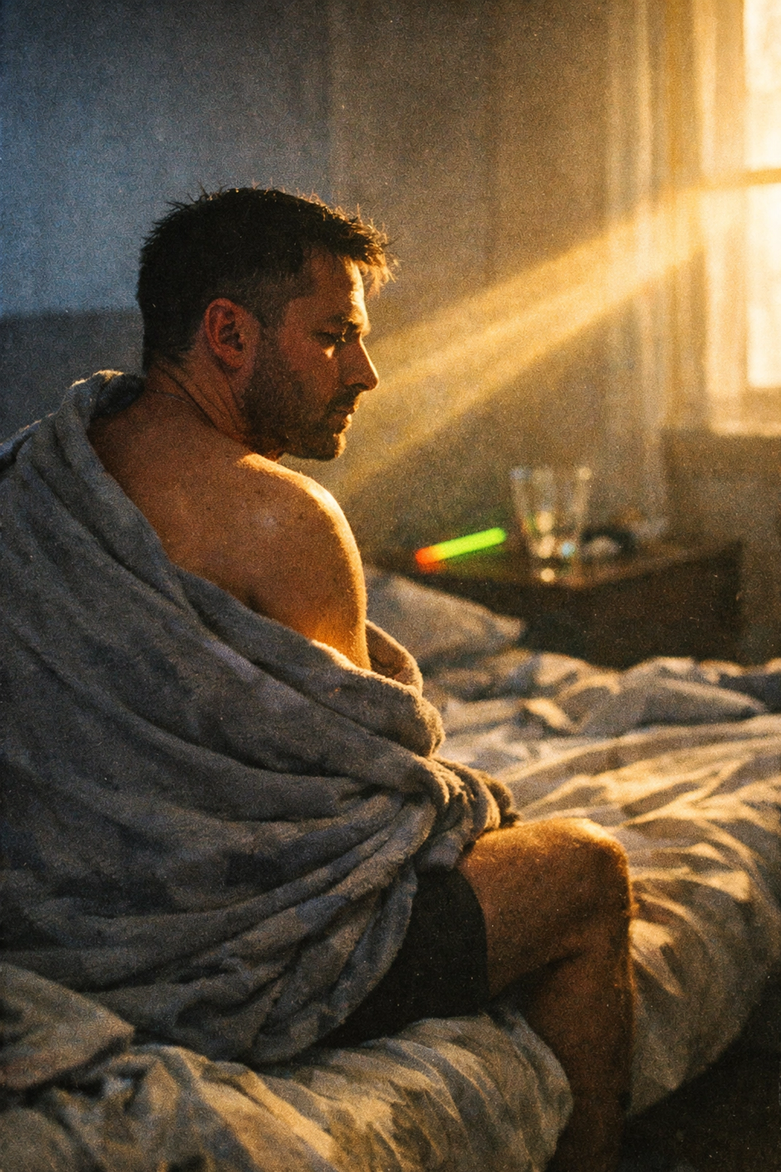 A man sits introspectively on a bed as morning sun hits the room, capturing the vulnerability of the comedown.