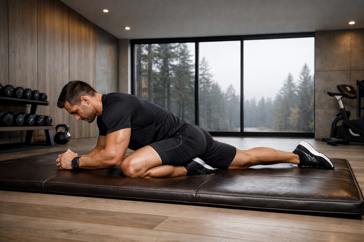 Executive performing mobility stretches in a luxury gym, a core part of corporate athlete training.
