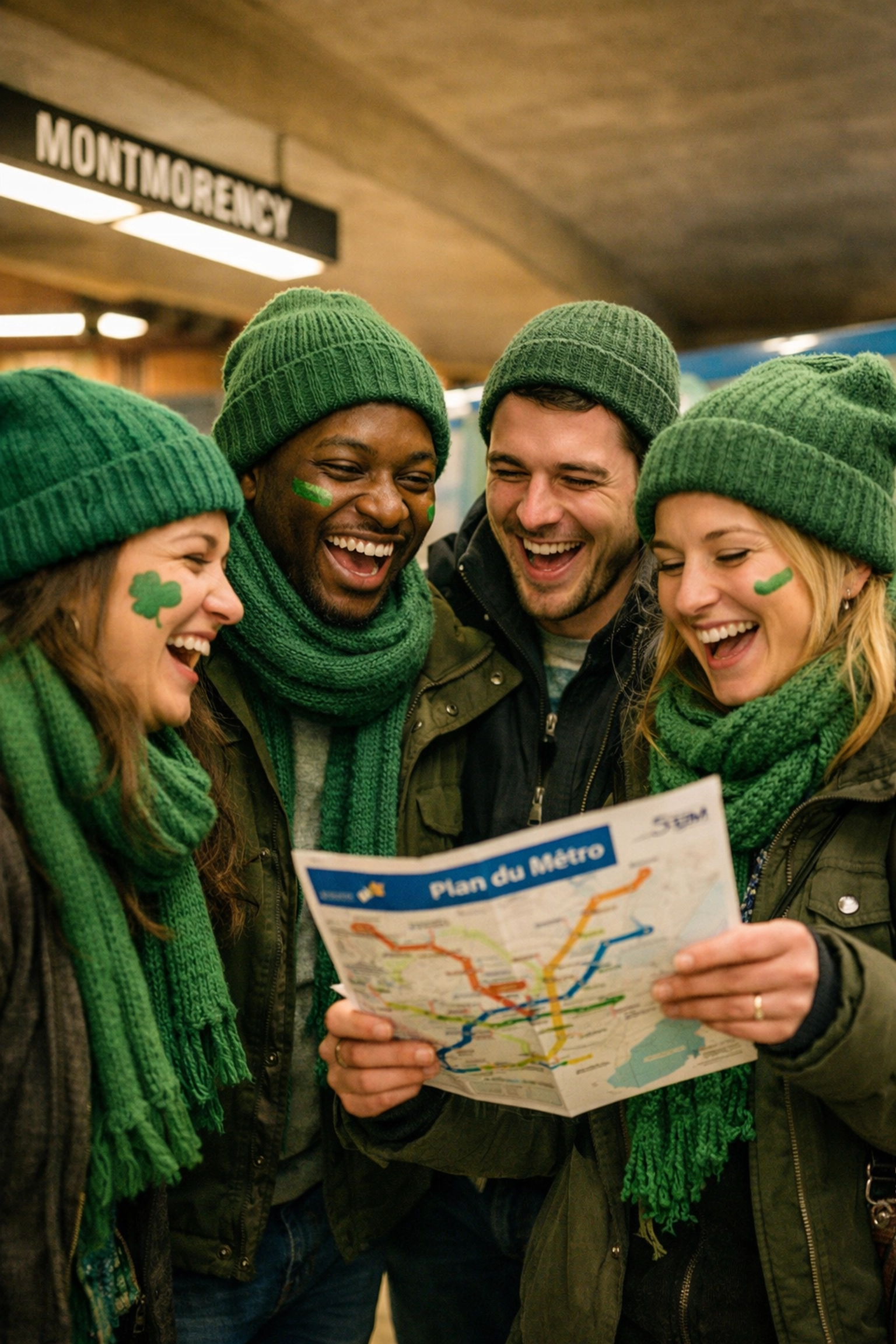 Friends wearing green accessories at a Montreal Metro station heading to the St. Patrick’s Day Parade.