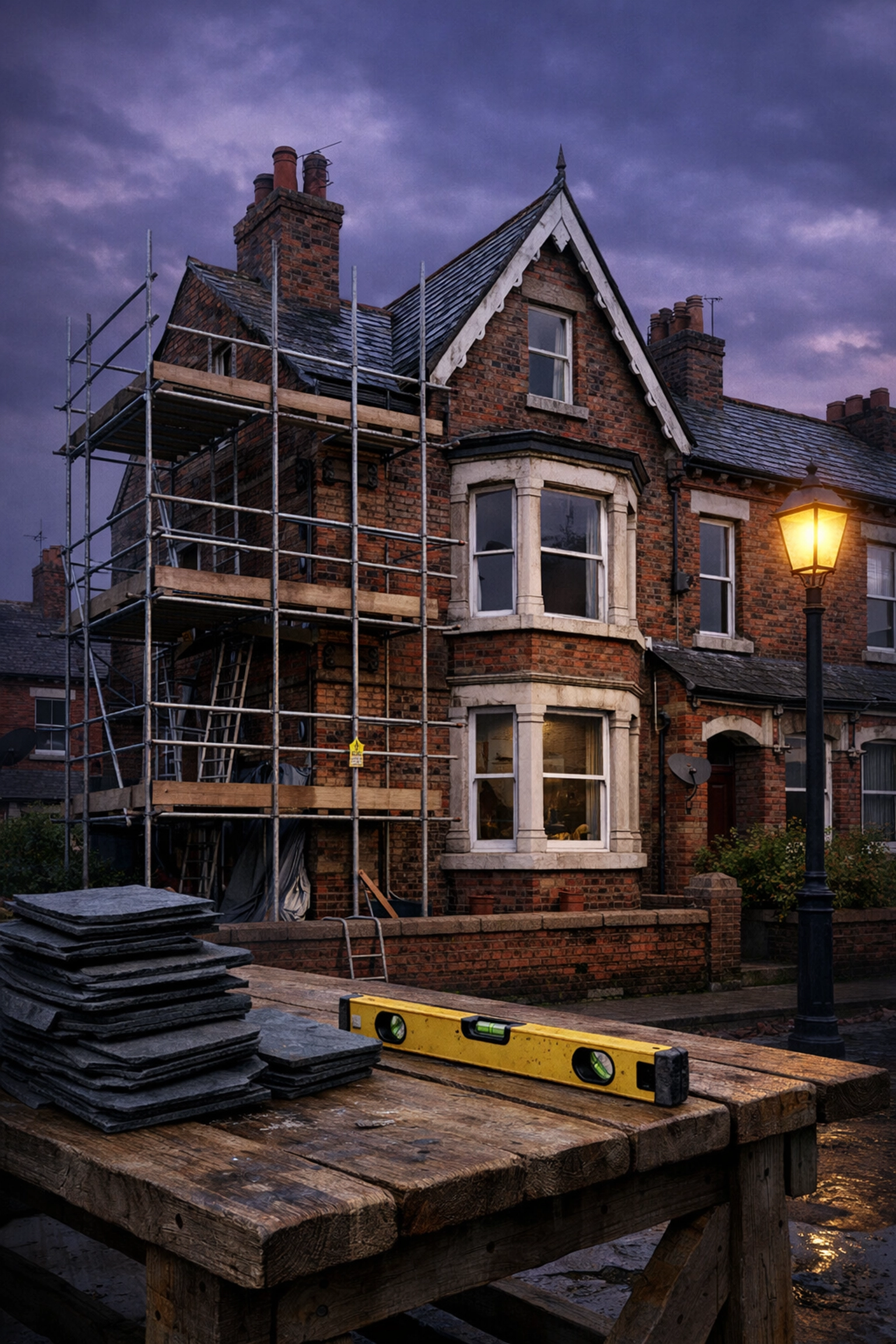 A Victorian terraced house under scaffolding representing a stalled property development project.
