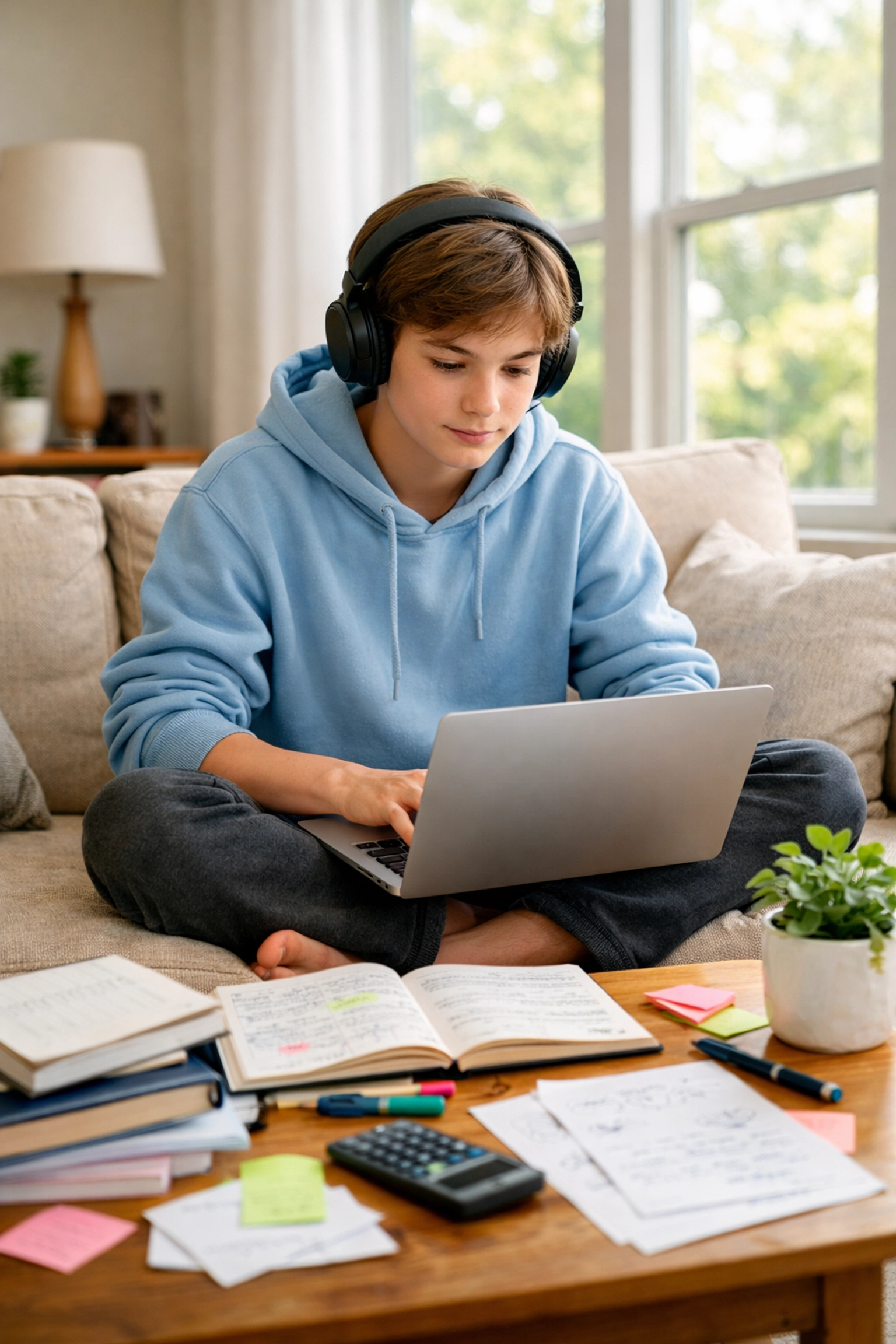 Student studying independently for CLEP exam with laptop and practice materials at home