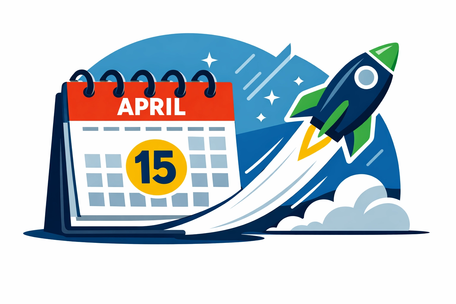 April 15th tax deadline calendar showing fast electronic filing with a rocket icon.