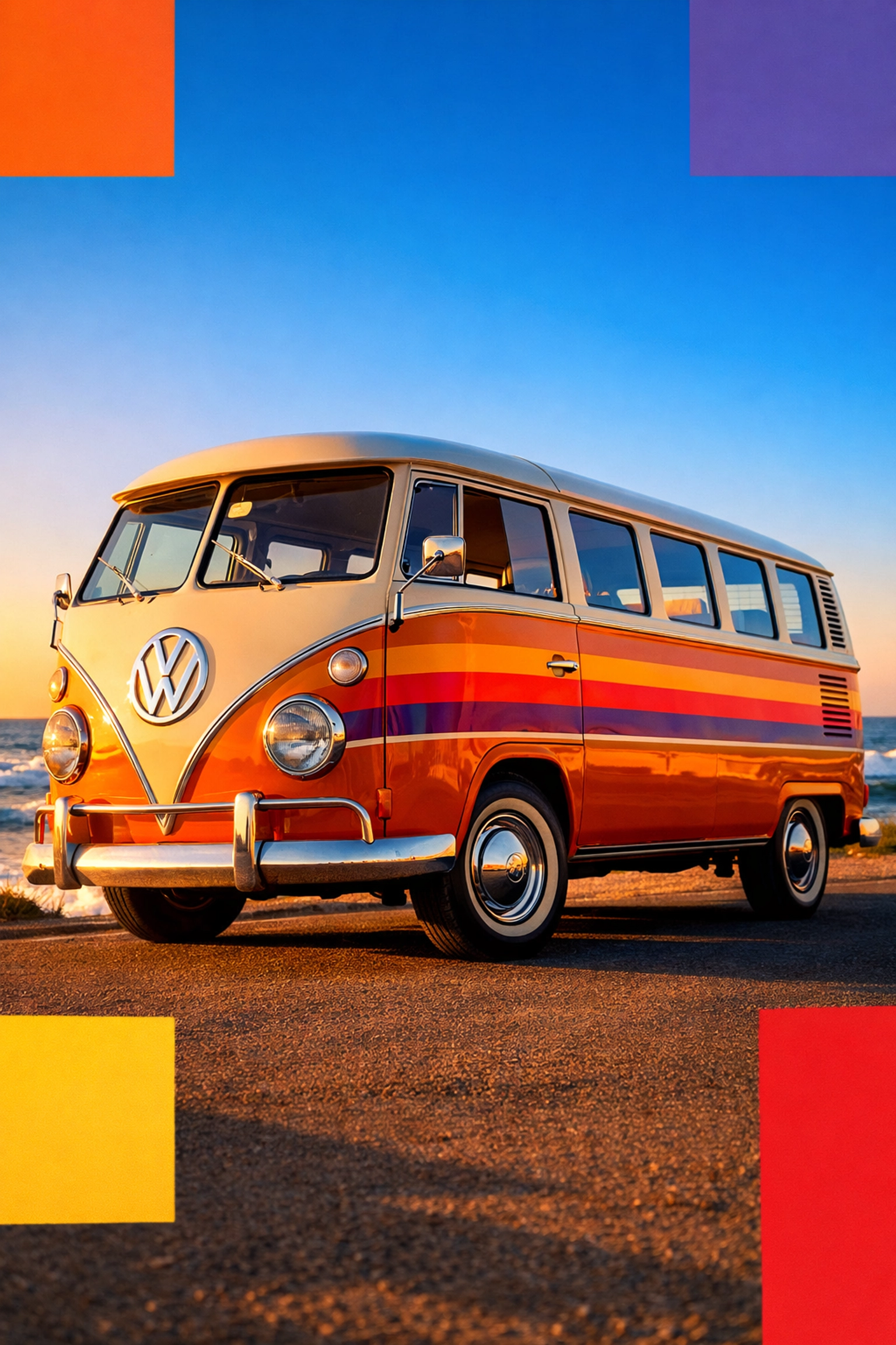 Classic VW Kombi van with retro hippie stripes in sunset gradient colors