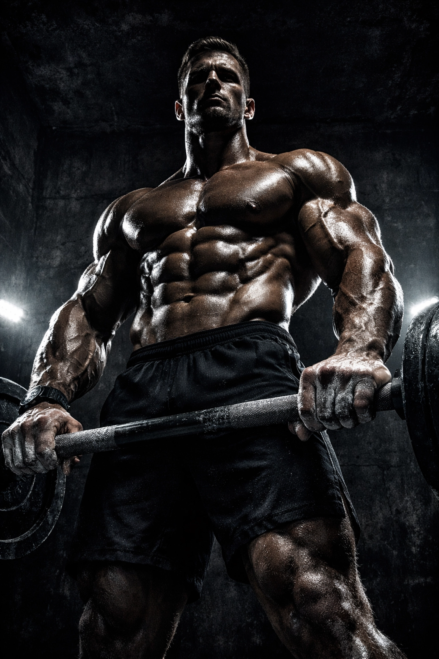 Defined athlete gripping a barbell in a dark gym, showing the final results of a custom online fitness coach system.