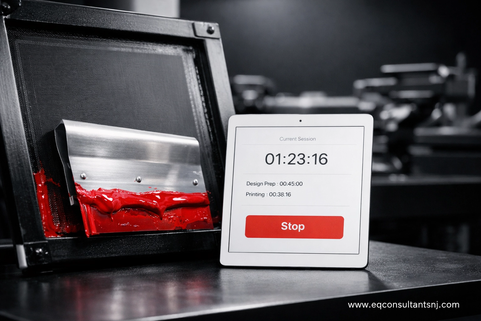 Digital labor tracking at a screen printing station to improve job costing and production efficiency.