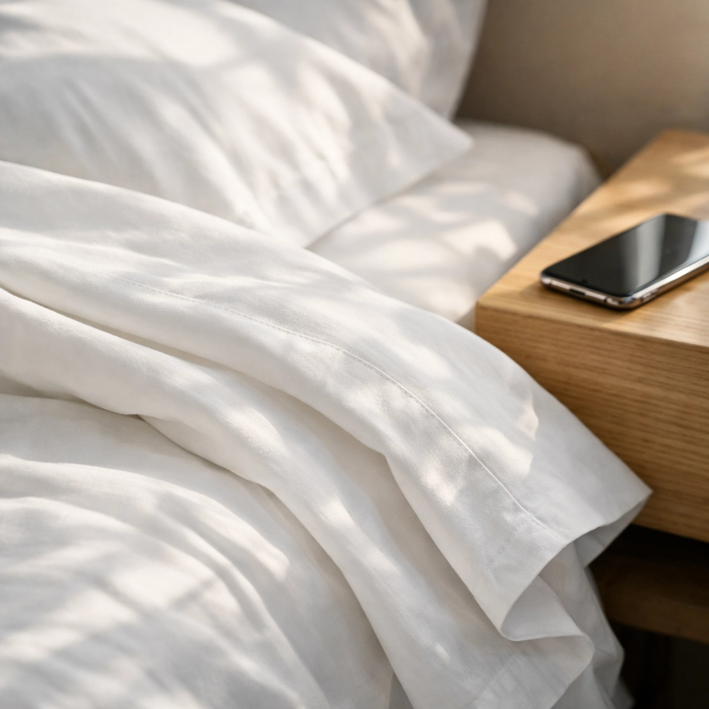 Efficient hotel housekeeping operations managed via smartphone next to freshly made luxury bedding.
