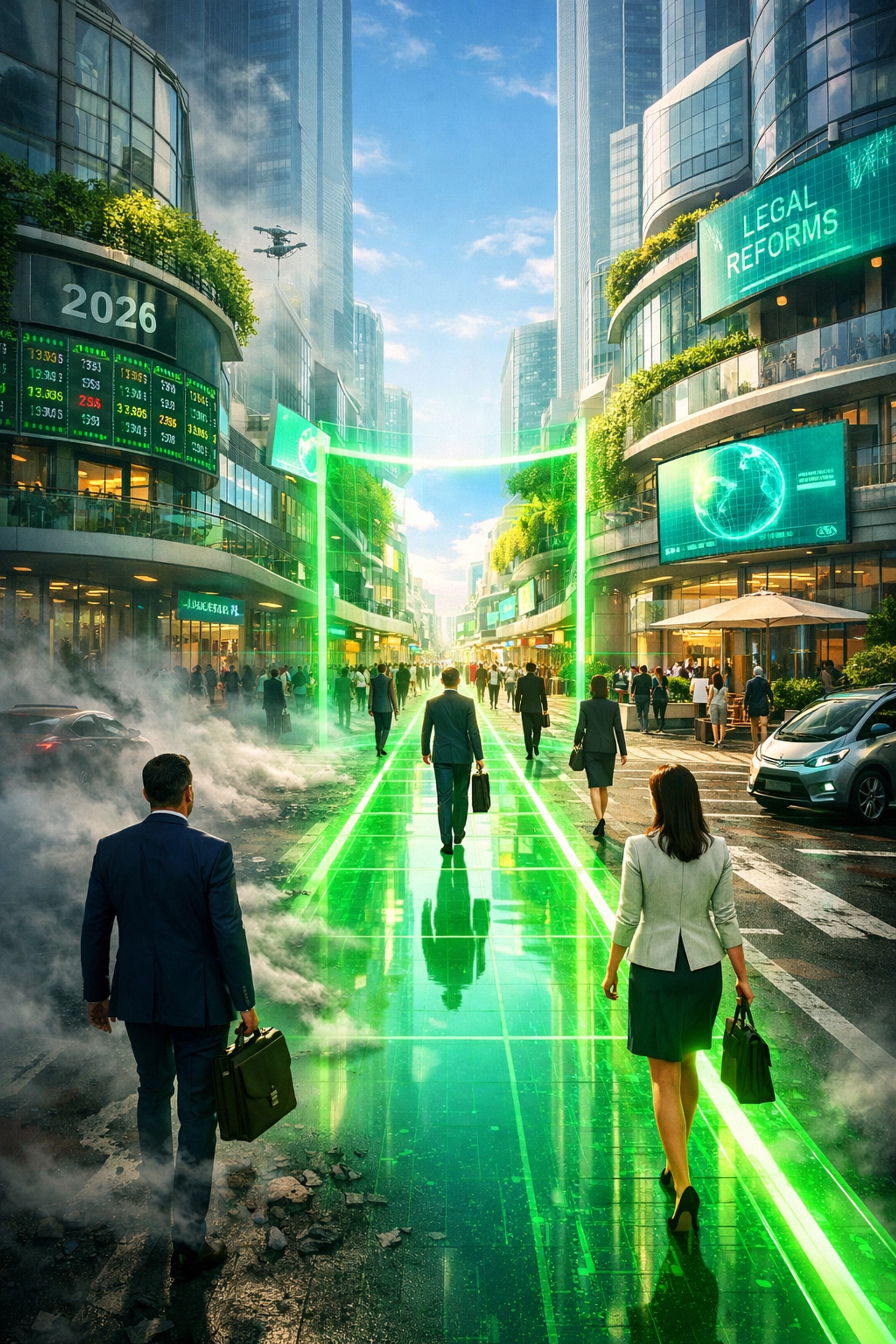 Crypto merchants walking toward a digital marketplace, symbolizing the regulatory clarity of the CLARITY Act.