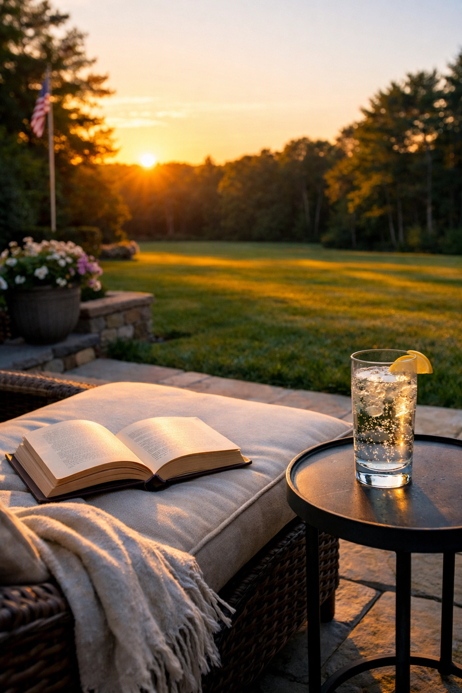 A relaxing patio at a Weston estate, highlighting the free time gained by hiring professional cleaners Weston MA.