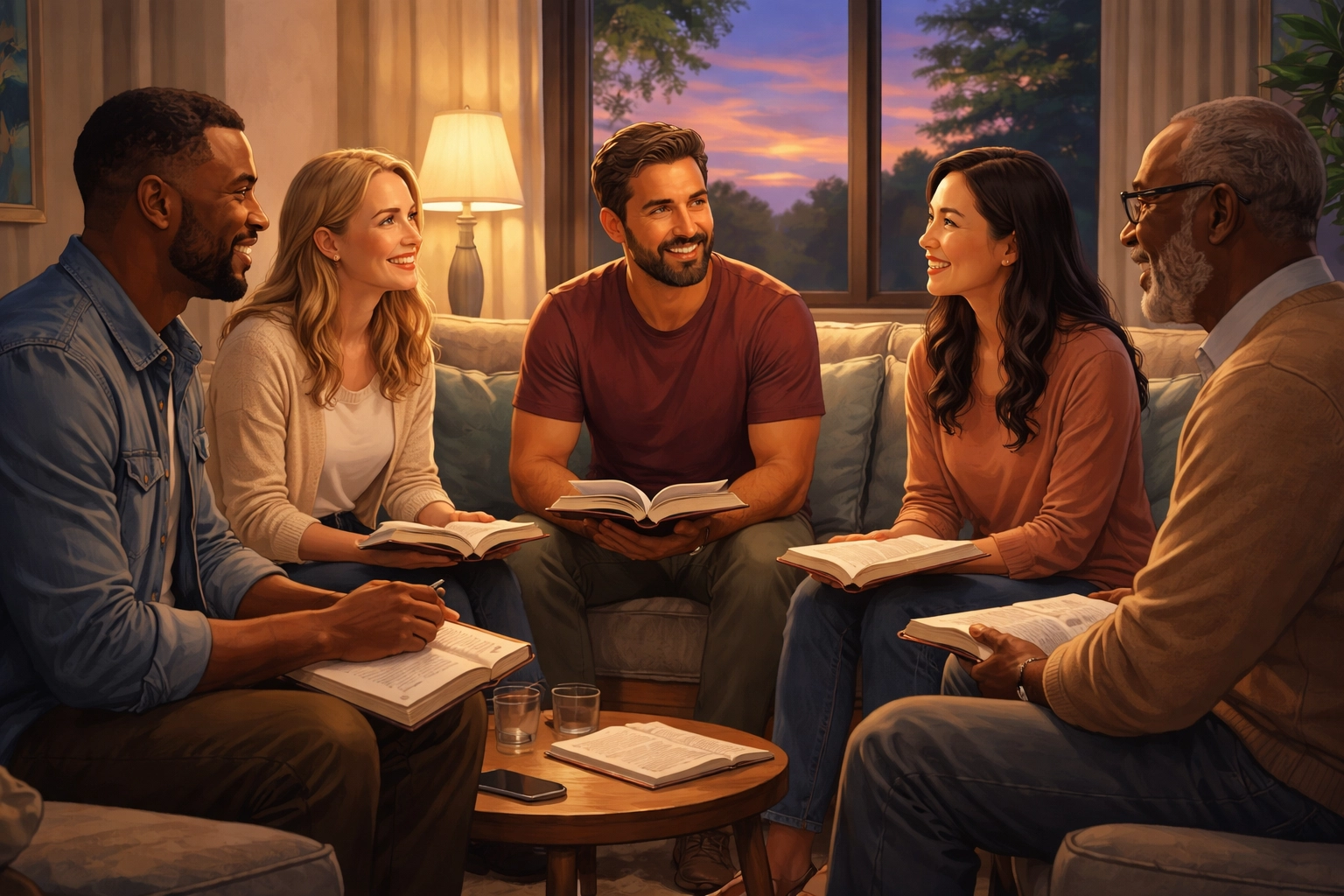 Small diverse group sharing conversation and Bible study, emphasizing community support and prayer for healing.